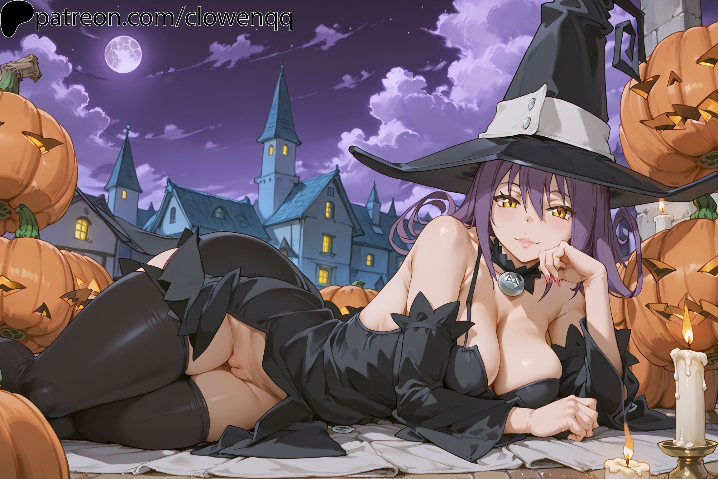 1girls, ai generated, big breasts, blair (soul eater), breasts, candle, clothed, clothing, clowenqq, female, light skin, light-skinned female, looking at viewer, lying, lying on side, moon, night, outdoors, pumpkin, purple hair, pussy, solo, solo female, soul eater, stockings, thick thighs, thighs, uncensored, witch hat, yellow eyes