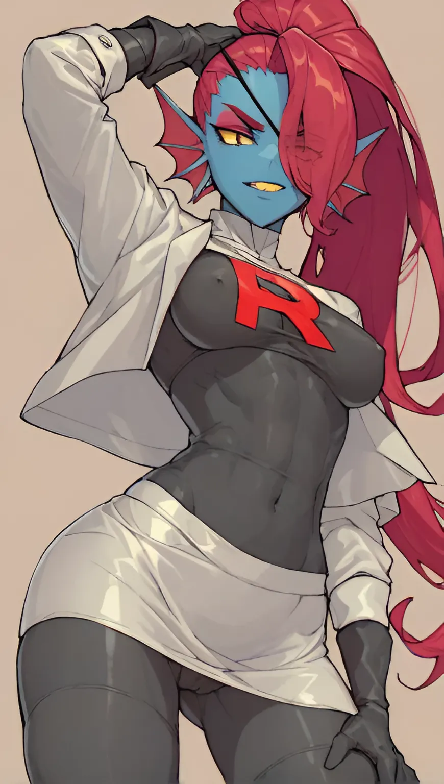 1girls ai_generated alternate_costume cameltoe eyepatch female female_only fit_female game_freak hair_over_one_eye monster_girl nintendo nipple_bulge nipples_visible_through_clothing pokemon posing scalieton self_upload skin_tight smile team_rocket team_rocket_(cosplay) team_rocket_uniform tight_clothing undertale undertale_(series) undyne