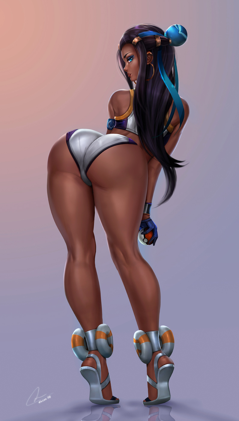 1girls ass back bent_over big_ass blue_eyes blue_hair clothed dark-skinned_female dark_skin feet felox08 gloves gym_leader large_ass looking_at_viewer looking_back nessa_(pokemon) nintendo open_toe_shoes panties phantom_heels poke_ball pokemon pokemon_ss presenting shirt shoes shorts solo wide_hips