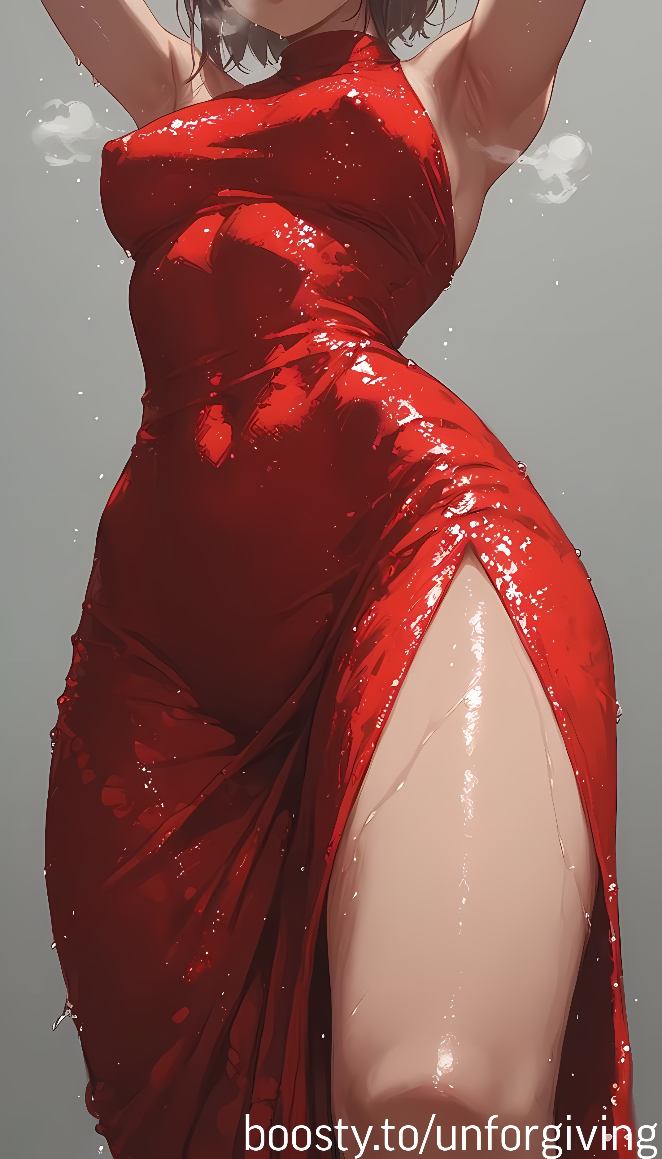 ai generated, breasts, covered nipples, dress, female, glitter, red dress, taut clothes, unforgiving