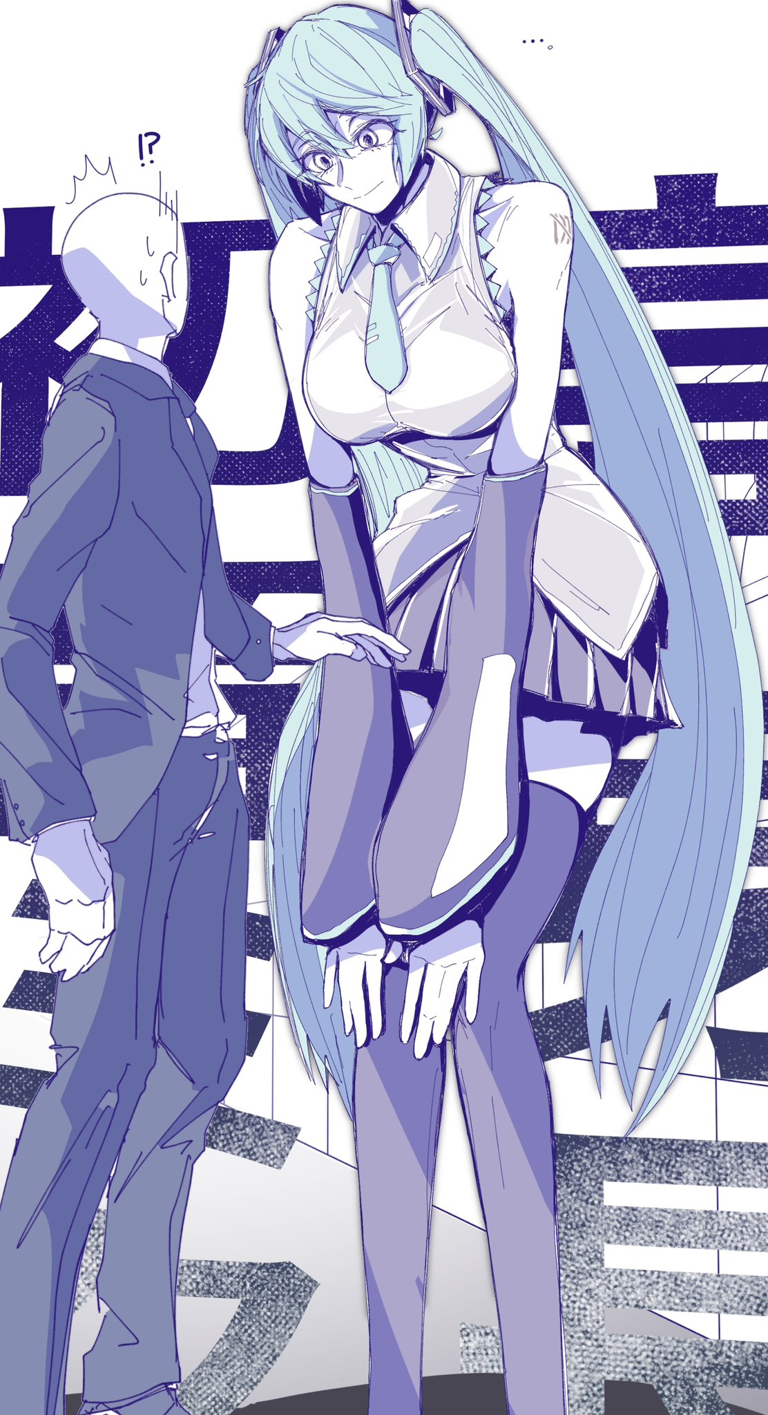 !?, 1boy, 1girl, 1girls, 2d, 2d (artwork), anonymous male, bald male, bare shoulders, bending down, bending forward, big breasts, bigger female, breasts, clothed, clothed female, clothed male, detached sleeves, female, female focus, formal, hands on own knees, hatsune miku, height difference, large breasts, leaning forward, light skin, light-skinned female, light-skinned male, long hair, looking at another, male, monochrome, necktie, pleated skirt, shirt, size difference, skirt, sleeveless, sleeveless shirt, suit, surprised, sweatdrop, tall female, tall woman, taller female, thighhighs, twintails, very long hair, vocaloid
