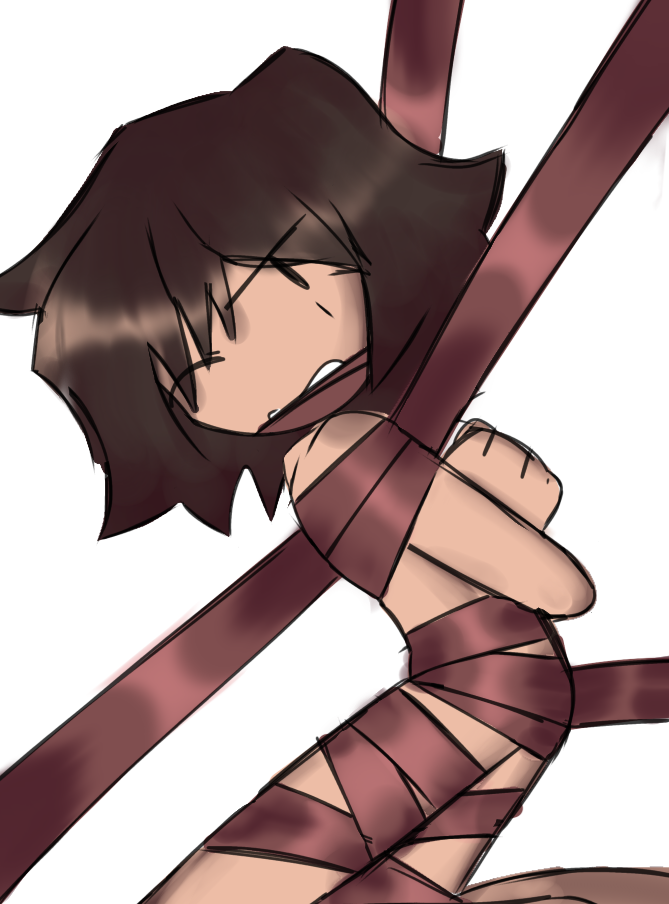 1other arms_behind_back arms_tied_behind_back birthday bondage brown_hair cameo_(cameohasdied) charc0al clenched_teeth completely_naked completely_nude no_sclera no_visible_genitalia one_eye_closed red_ribbon red_ribbons ribbon ribbon_bondage ribbons self_upload