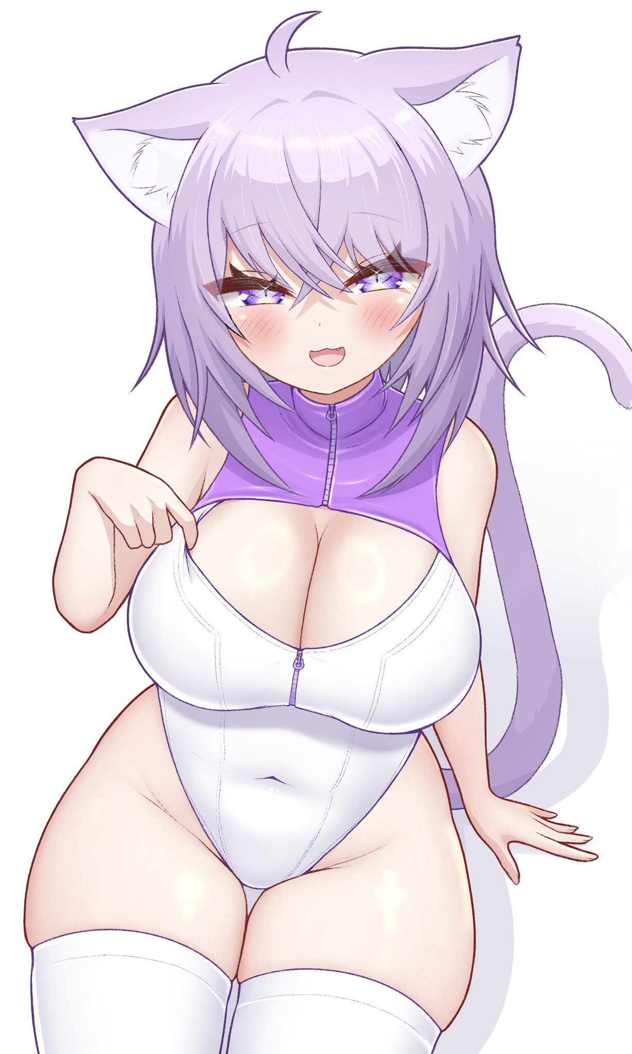 1girls animal_ears blush breasts cat_ears cat_tail catgirl cleavage clothed clothing female female_only hololive hololive_gamers hololive_japan huge_breasts light-skinned_female light_skin mochigome_(mochigomemcmc) nekomata_okayu open_mouth purple_hair seductive solo tail virtual_youtuber