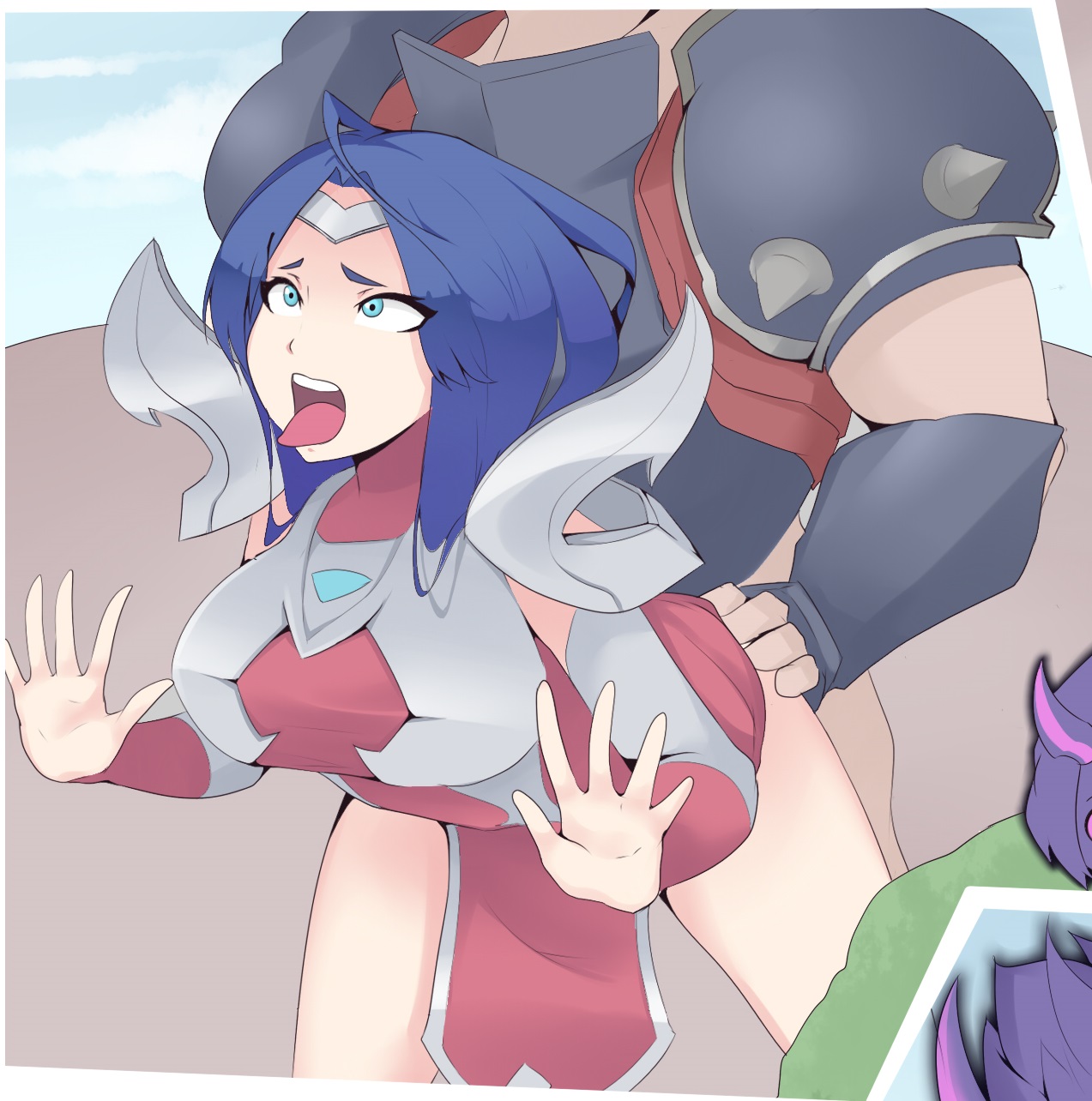 1boy, 1girls, against fourth wall, against glass, ahe gao, ass, ass grab, bent over, blue eyes, blue hair, darius (league of legends), doggy style, female, from behind, hand on glass, hotvr, irelia xan, league of legends, male, rape, sex, tongue, tongue out