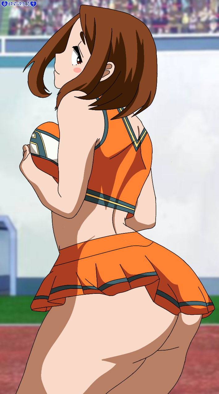 1girls alternate_version_available ass ass_peek boku_no_hero_academia bottomless breast_squeeze breast_squish brown_hair butt_focus cheerleader cheerleader_uniform darkuro_27 female looking_back my_hero_academia ochako_uraraka sideboob skirt solo thick_thighs underass