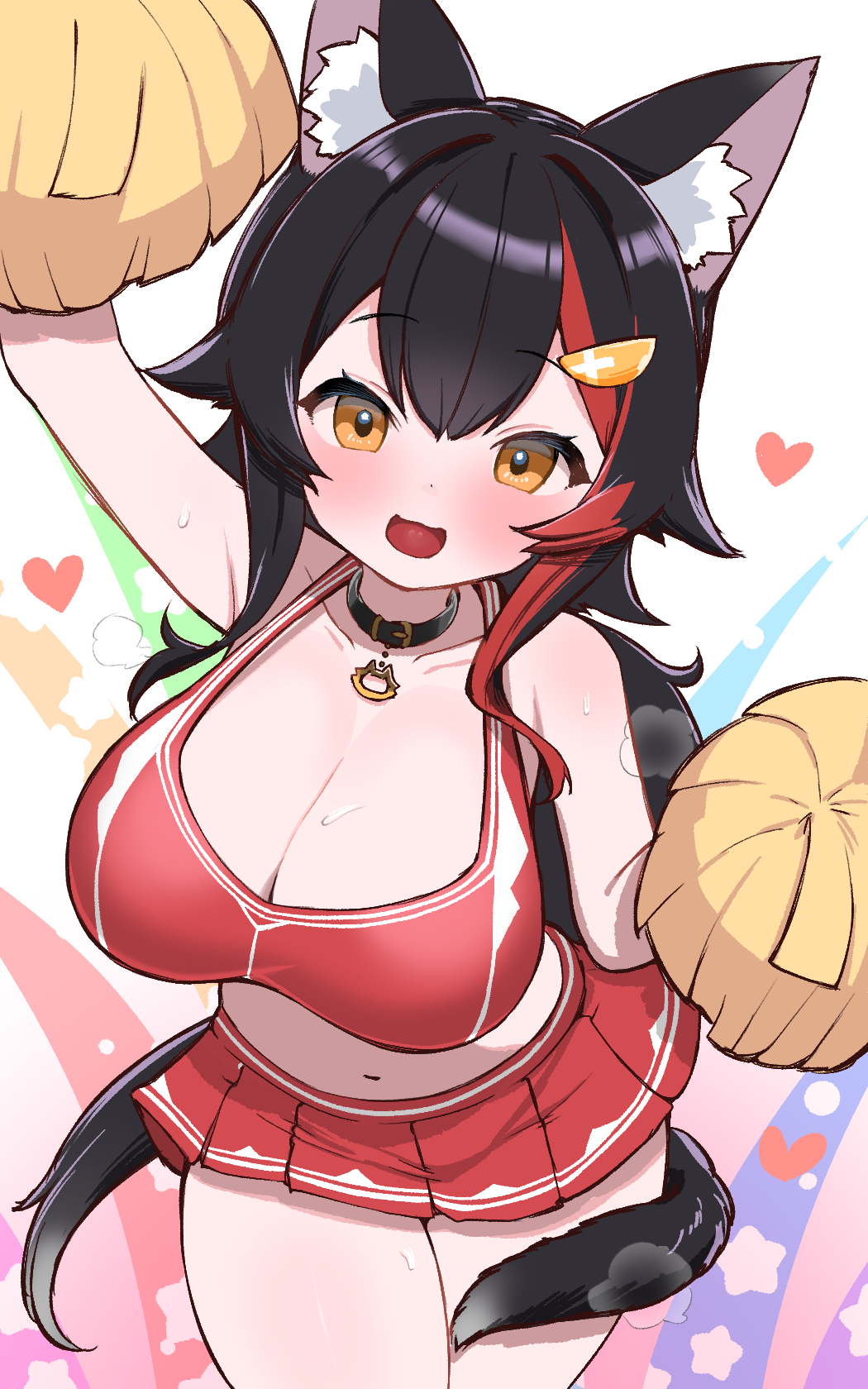 :3 alternate_costume animal_collar animal_ears bare_arms bare_shoulders black_hair blush breasts cheerleader cleavage collar collarbone cowboy_shot crop_top female hair_between_eyes halterneck heart highres holding holding_pom_poms hololive kani_bonara large_breasts leaning_forward long_hair looking_at_viewer midriff miniskirt multicolored_hair navel ookami_mio open_mouth orange_eyes pleated_skirt pom_pom_(cheerleading) ponytail red_shirt red_skirt shirt sidelocks simple_background skirt smile streaked_hair tail tareme thighs very_long_hair virtual_youtuber wolf_ears wolf_girl wolf_tail