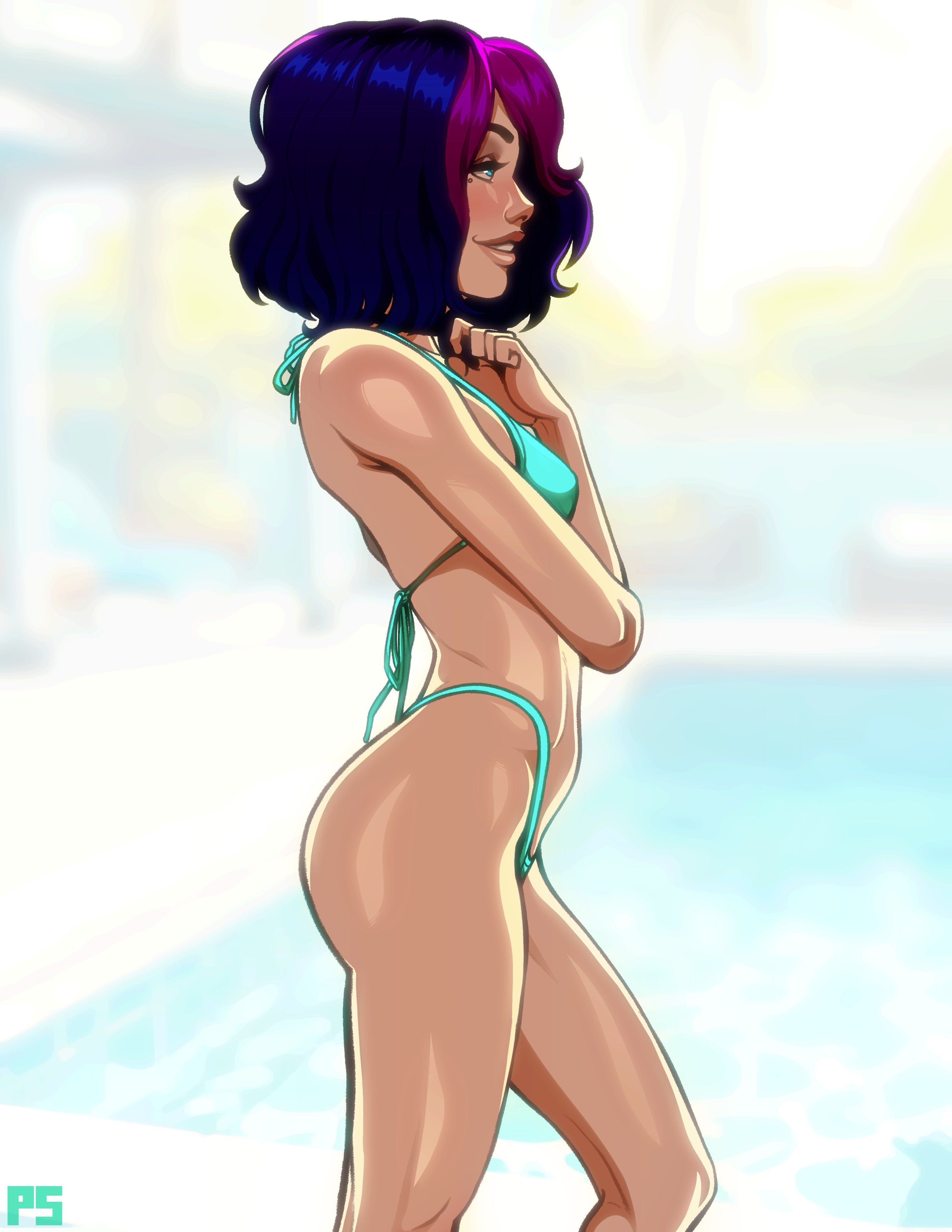 1girls, 2024, absurd res, andavaverse, ass, bikini, blue bikini, blue eyes, blue hair, blush, blushing, breasts, facial piercing, female, grin, hair, hi res, human, kneepits, knees, light skin, light-skinned female, medium hair, midriff, multicolored hair, original, original character, pelo, perfect legs, piercing, pool, poolside, pumpkinsinclair, purple hair, shiny skin, side view, signature, small breasts, smile, smiling, solo, standing, stomach, teeth, thighs, three-quarter portrait, two-tone hair