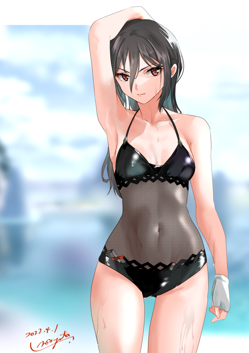 black_hair black_one-piece_swimsuit brown_eyes casual_one-piece_swimsuit closed_mouth collarbone covered_navel criss-cross_back-straps dated female female_only fingerless_gloves fishnet_swimsuit gloves hair_between_eyes highres long_hair looking_at_viewer morag_ladair_(obligatory_leave)_(xenoblade) morag_ladair_(xenoblade) nayuta-kanata no_headwear official_alternate_costume one-piece_bikini one-piece_swimsuit one_arm_up simple_background small_breasts solo solo_female swimsuit wet white_gloves xenoblade_(series) xenoblade_chronicles_2