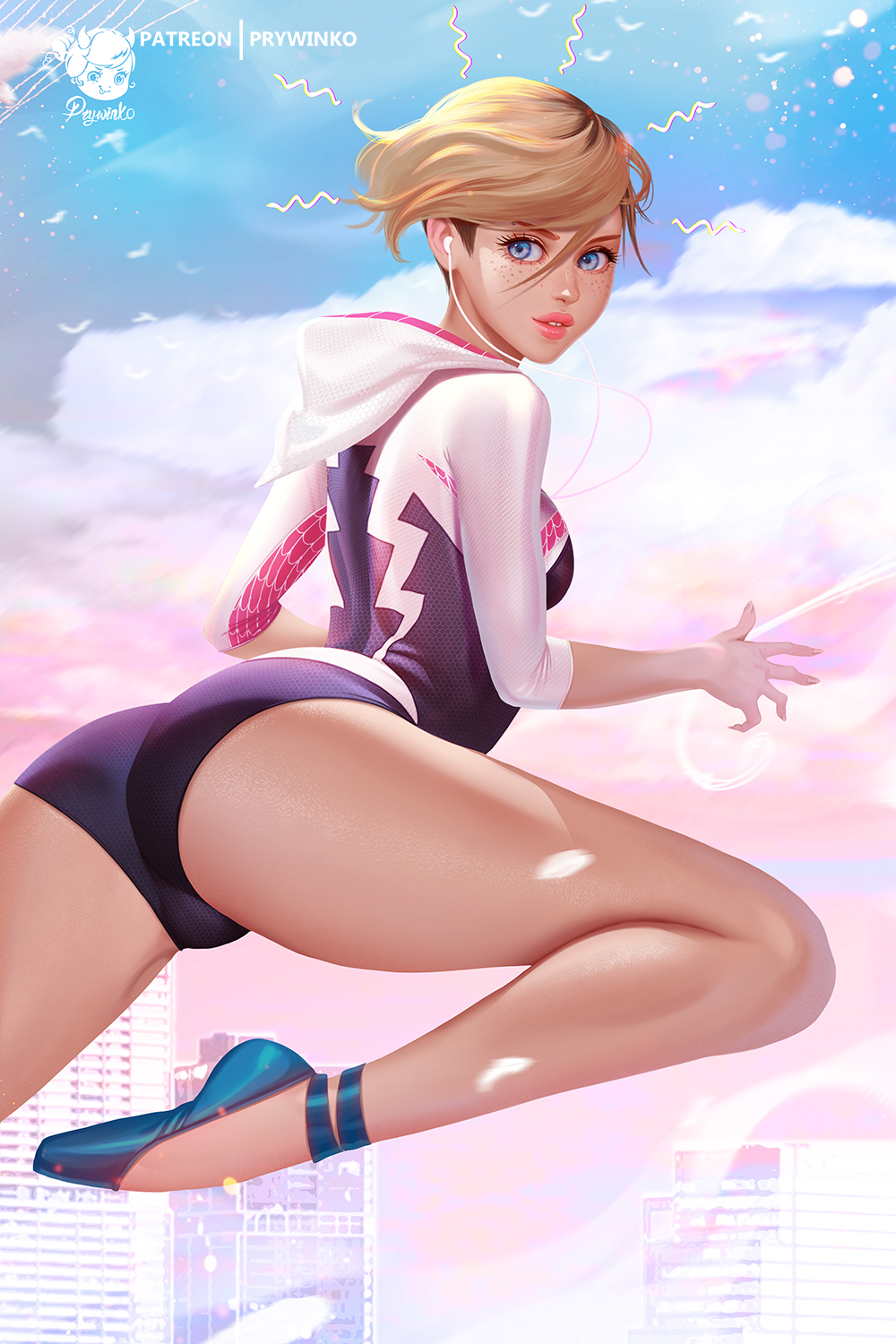 1girls artist_logo ass babydoll bare_legs bare_thighs bird blonde_hair blue_eyes bodysuit buckteeth calves city city_background cityscape earbuds eyebrow_piercing feathers female female_only flats freckles gwen_stacy gwen_stacy_(spider-verse) headphones in_the_air legs light-skinned_female light_skin long_legs looking_at_viewer looking_back marvel marvel_comics medium_breasts outside parted_lips piercing prywinko short_hair slender_legs slim_waist solo spider-gwen spider-man:_into_the_spider-verse spider-man_(series) straight_hair superhero superhero_costume superheroine teeth thighs tight_clothing tooth_gap wide_hips