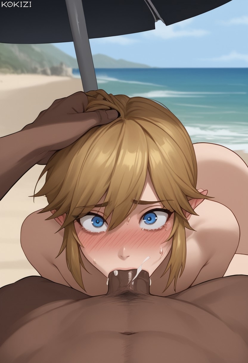 2boys ai_generated ass beach blonde_hair blowjob blue_eyes bubble_butt dark-skinned_male deepthroat elf_ears fellatio femboy gay head_grab hylian interracial kokizi light-skinned_female link male pointy_ears sucking_penis the_legend_of_zelda yaoi