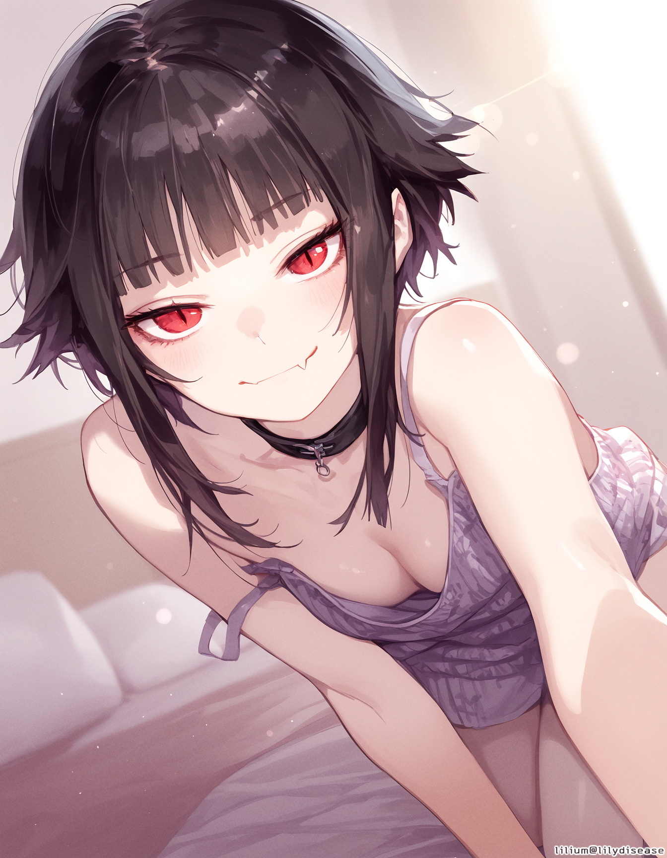 1girls, ai generated, bare shoulders, bed, bedroom, black hair, breasts, character request, choker, cleavage, dress, female, looking at viewer, oerba yun fang, original, red eyes, selfie, short hair, slit pupils, small breasts, smile, strap slip