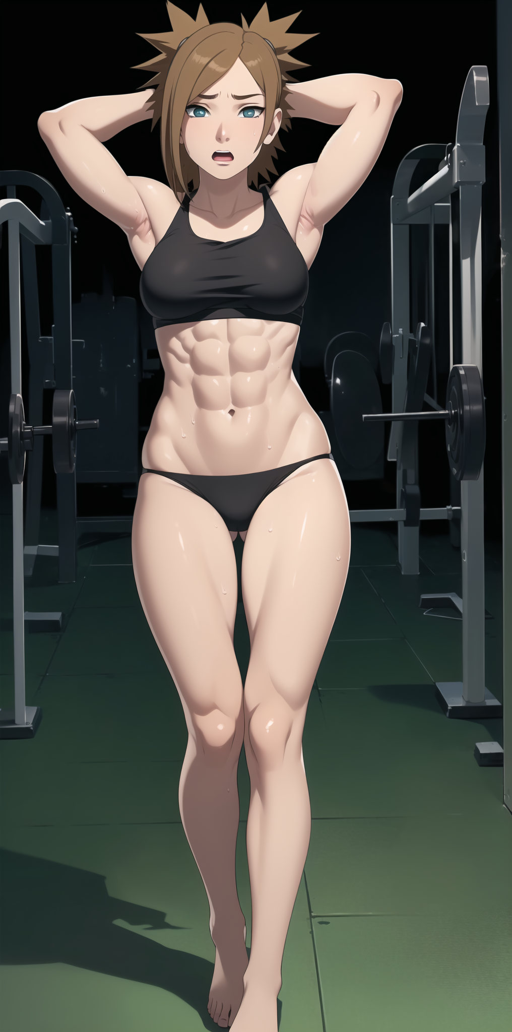 abs ai_generated arms_above_head artist_name artist_request black_panties black_underwear brown_hair conniexx fit_female gym medium_breasts muscular muscular_female naruto_(series) slim_thick smile sports_bra stable_diffusion temari underwear