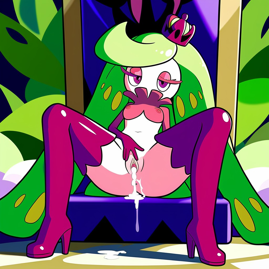 ai_generated anthro crown cum_in_pussy cum_leaking_out_of_pussy female pokémon_(species) pokemon spread_legs throne_room tsareena