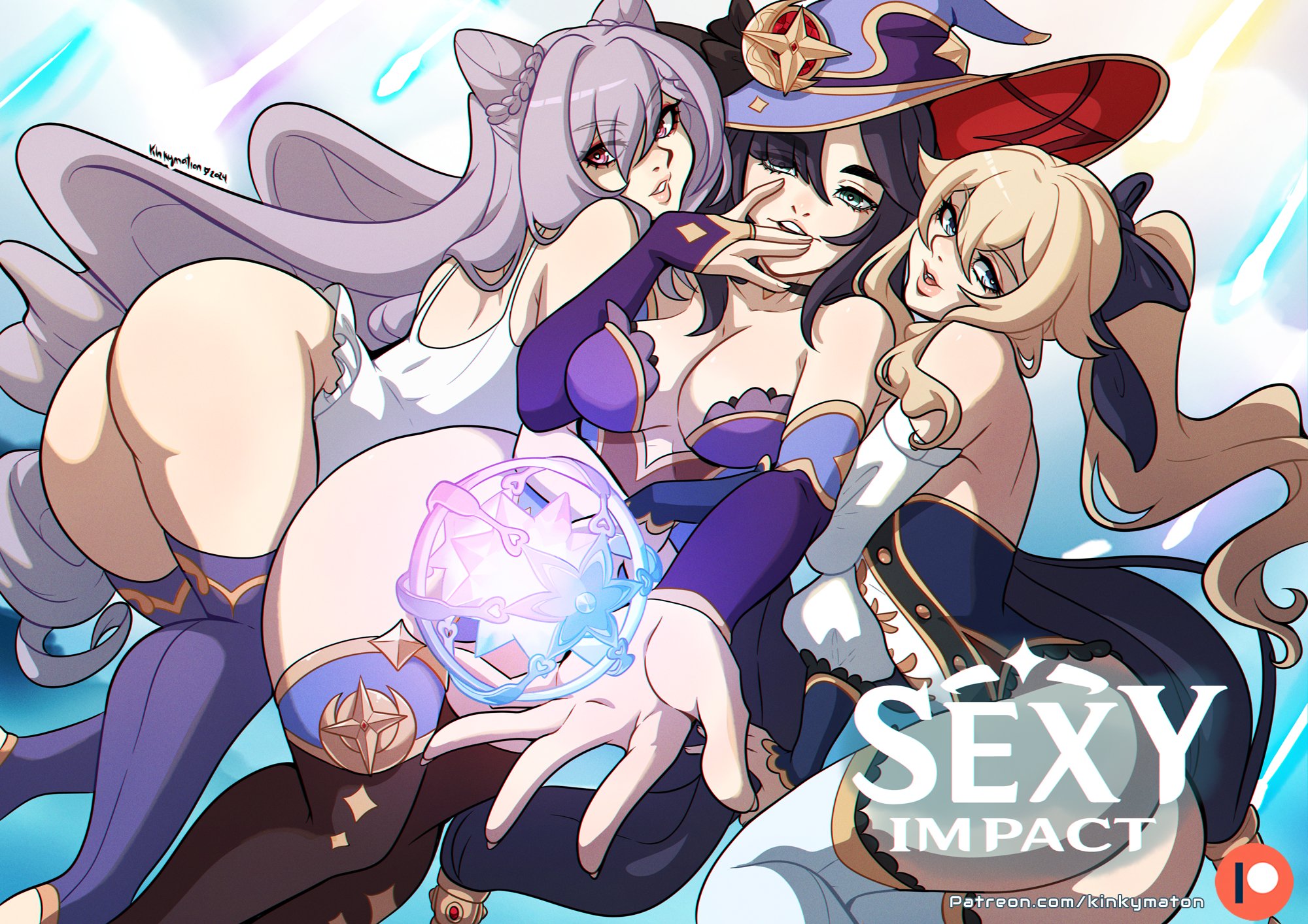 3girls, ass, ass focus, big ass, blue leotard, breasts, cleavage, female, genshin impact, hoyoverse, jean gunnhildr, keqing (genshin impact), kinkymation, leotard, looking at viewer, mihoyo, mona (genshin impact), thick thighs, thighhighs, thighs, white leotard