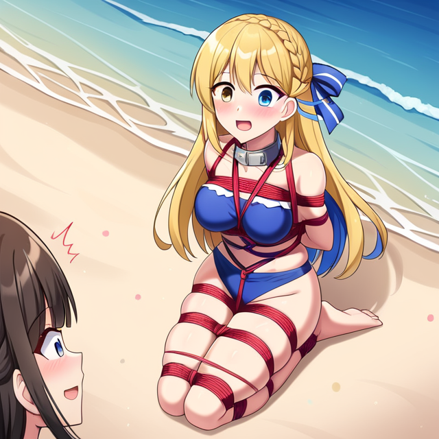 2girls ai_generated beach benmccannon_(artist) blonde_hair bondage brown_hair heterochromia rope_bondage swimsuit