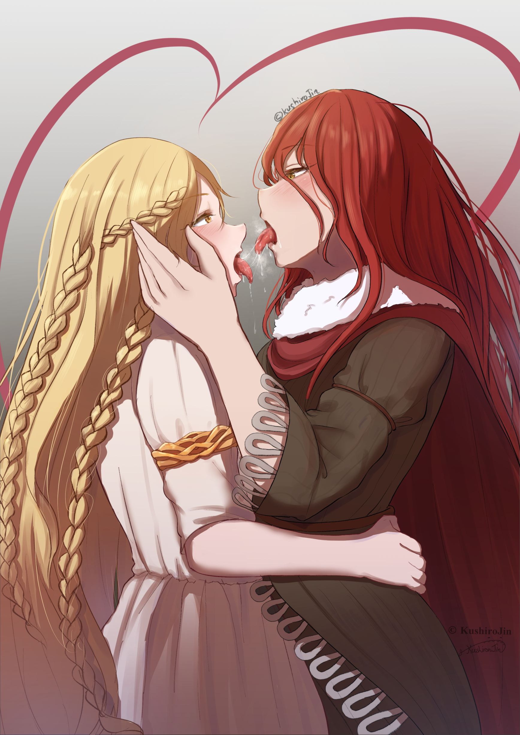 1boy, 1boy1girl, 1girls, 2d, 2d (artwork), 2d artwork, artist name, blonde hair, braid, braided hair, brother and sister, demigod, demigoddess, digital drawing (artwork), digital media, digital media (artwork), elden ring, extreme french kiss, female, femboy, femboy on female, femboy/female, french kiss, french kissing, fromsoftware, fully clothed, girl, golden eyes, horny, hugging, human, human female, human male, humanoid, incest, incest (lore), incestuous, incestuous (lore), kissing, kushiro jin, light skin, light-skinned female, light-skinned male, long hair, long sleeves, looking at partner, love, male, male/female, malenia blade of miquella, miquella, red hair, red robe, saliva, saliva trail, shadow of the erdtree, simple background, text, twins, very long hair, white dress