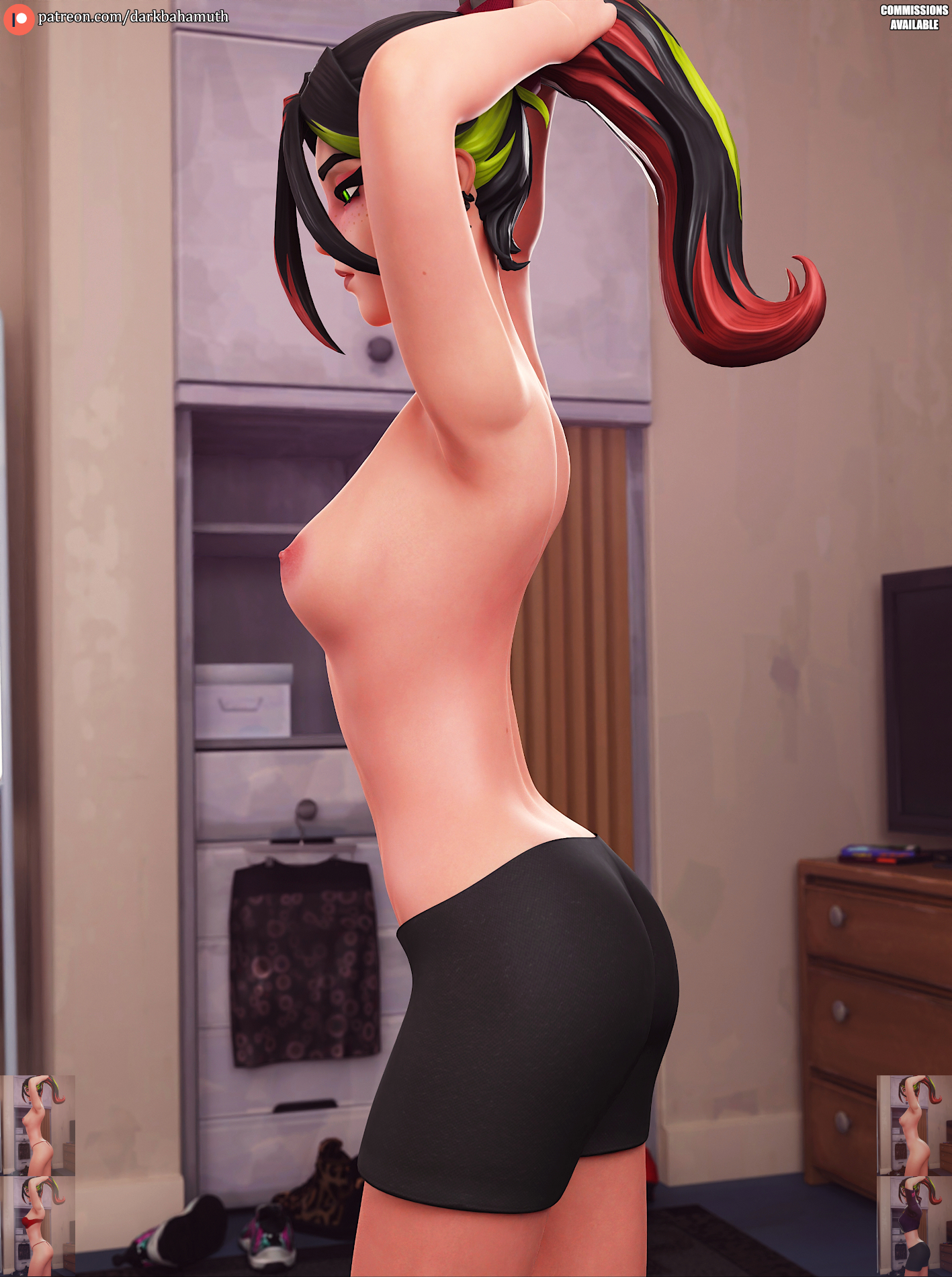 1girls, 3d, bike shorts, breasts, darkbahamuth, female, fortnite, green eyes, helsie (fortnite), light skin, light-skinned female, multicolored hair, petite, shorts, slim, slim waist, small breasts, solo, sportswear, straight hair, teenager, thin waist, topless, young, younger female