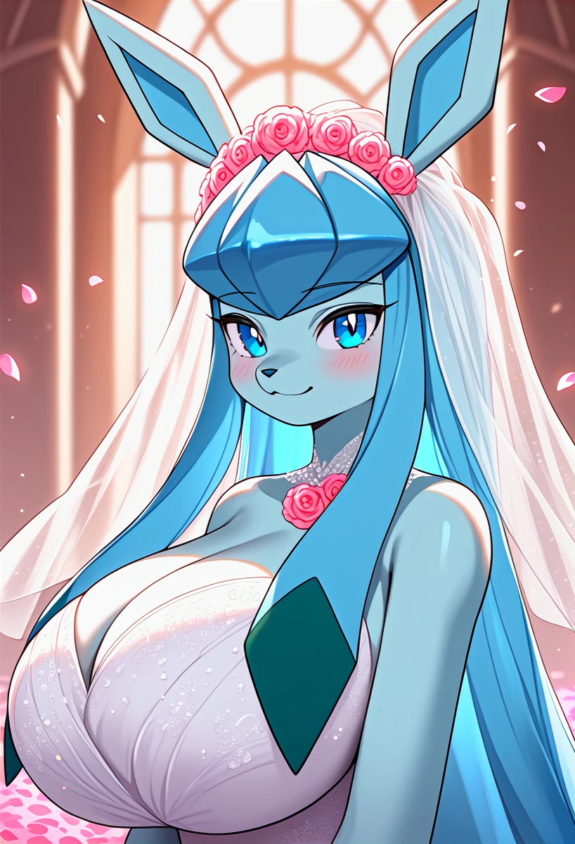 ai_generated anthro blue_body blue_eyes blue_fur bride eeveelution fur furry furry_only game_freak generation_4_pokemon gigantic_breasts glaceon huge_breasts kemonogirls looking_at_viewer massive_breasts nintendo pokemon pokemon_(species) smiling thick_body thick_female wedding_dress