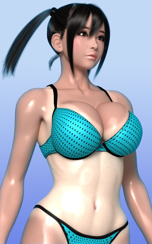 1girls, 3d, belly button, black hair, blue bra, blue panties, bra, breasts, busty, chidori toda, cleavage, female, female only, large breasts, navel, panties, polka dot bra, polka dot panties, polka dots, solo, solo female, tan lines, tan skin, tanline, twintails, umemaro, umemaro 3d, voluptuous, wide hips