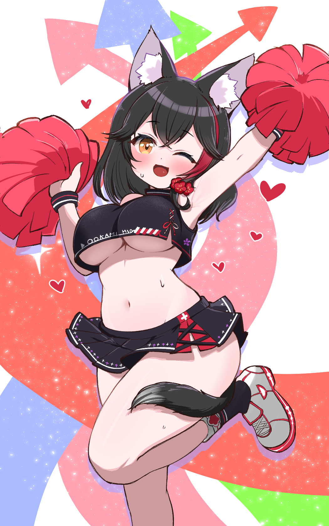 :d adapted_costume animal_ear_fluff animal_ears arms_up black_hair black_skirt blush breasts cheerleader commentary_request crossed_bangs curvy female hair_ornament heart highres hololive kani_bonara large_breasts microskirt multicolored_hair navel one_eye_closed ookami_mio ookami_mio_(1st_costume) pleated_skirt pom_pom_(cheerleading) red_hair skirt smile solo standing standing_on_one_leg stomach streaked_hair tail tail_around_own_leg underboob virtual_youtuber white_background wolf_ears wolf_girl wolf_tail wristband yellow_eyes