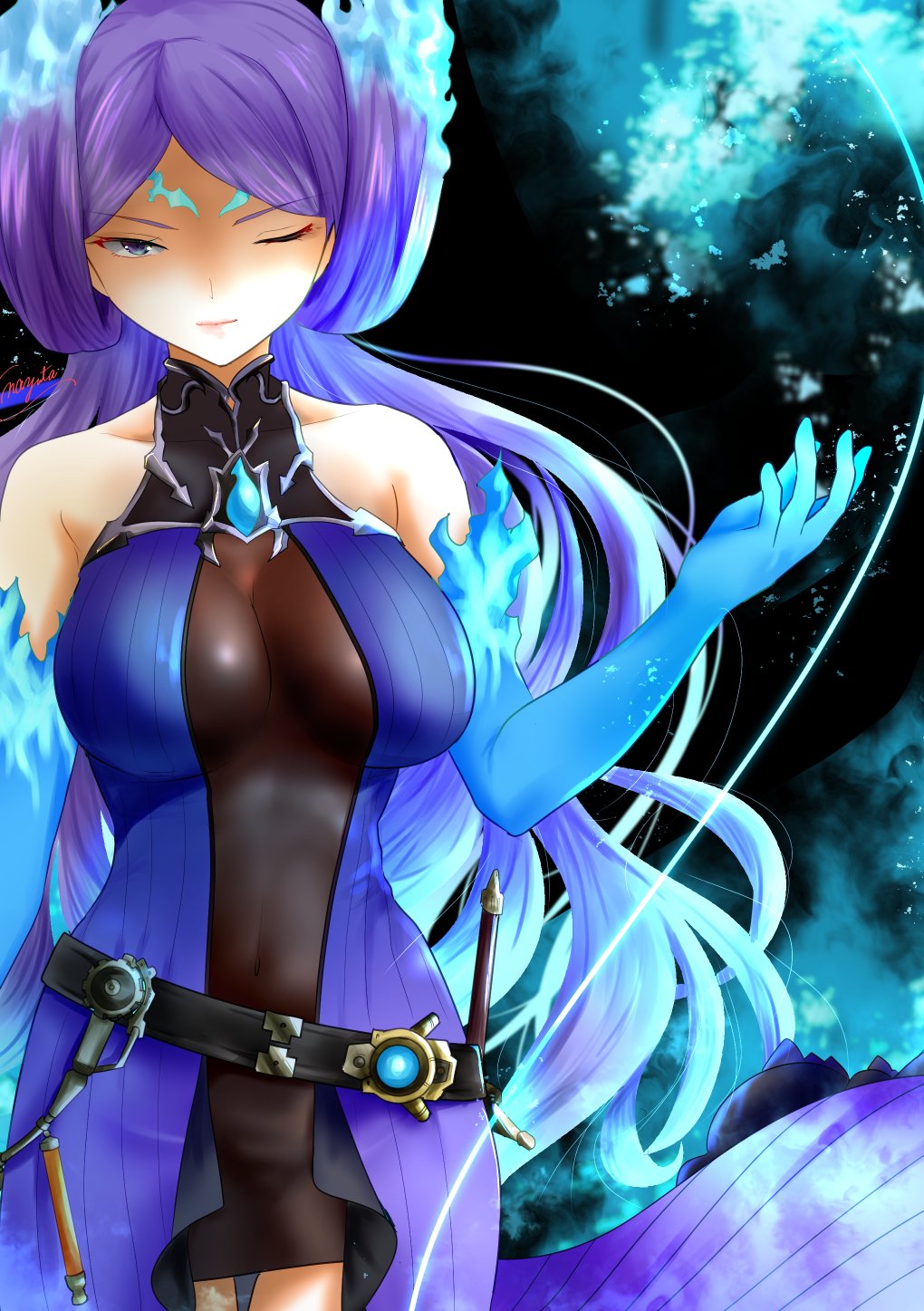 1girls bare_shoulders blue_fire blue_gloves brighid_(xenoblade) center_opening chest_jewel core_crystal covered_navel cowboy_shot dagger fiery_hair fire gloves highres knife large_breasts long_hair nayuta-kanata one_eye_closed purple_eyes purple_hair solo very_long_hair weapon xenoblade_(series) xenoblade_chronicles_2