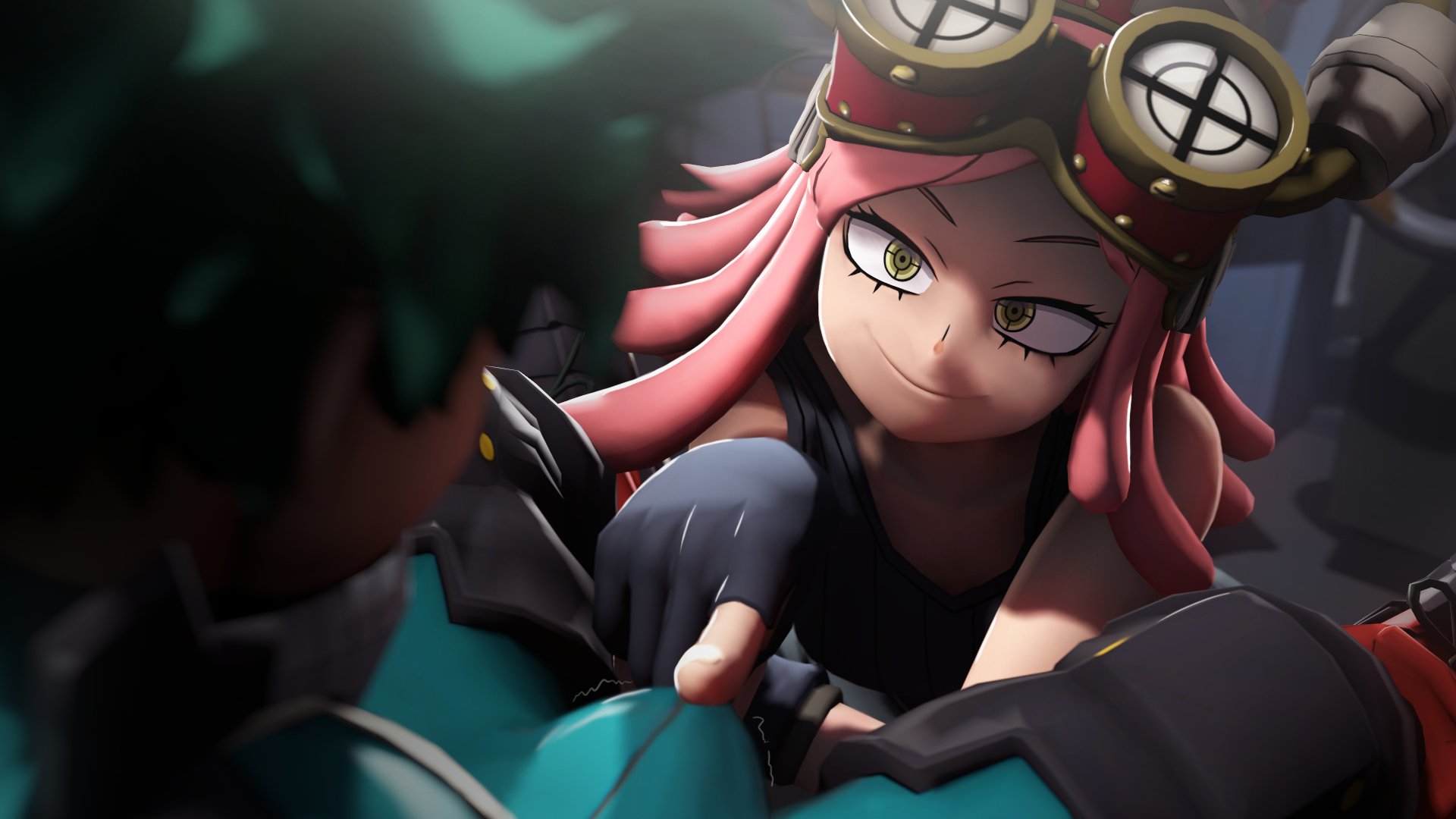 1boy, 1girls, 3d, bulge, bulge through clothing, deku, erect penis, erection, erection under clothes, female, finger on penis, fingerless gloves, goggles, greatm8, green clothing, green hair, green-haired male, hatsume mei, hero outfit (mha), imminent oral, izuku midoriya, izuku midoriya (hero outfit), light skin, male, mei hatsume, midoriya izuku, my hero academia, penis, pink hair, pink-haired female, smile, smirk, touching penis, yellow eyes