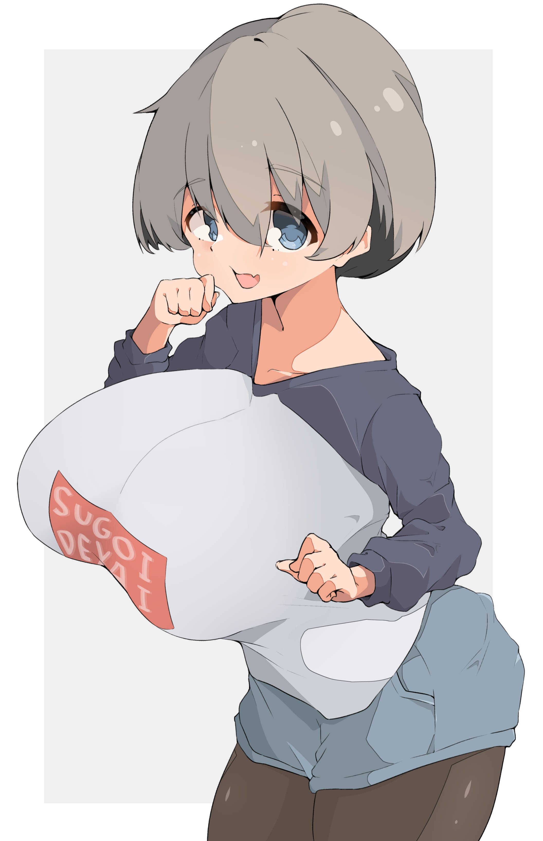 1girls, big breasts, blue eyes, breasts, clothes, clothing, female, female only, grey hair, looking at viewer, shirt, simple background, solo, spy artservice, tagme, thick thighs, uzaki hana, uzaki-chan wa asobitai!, voluptuous