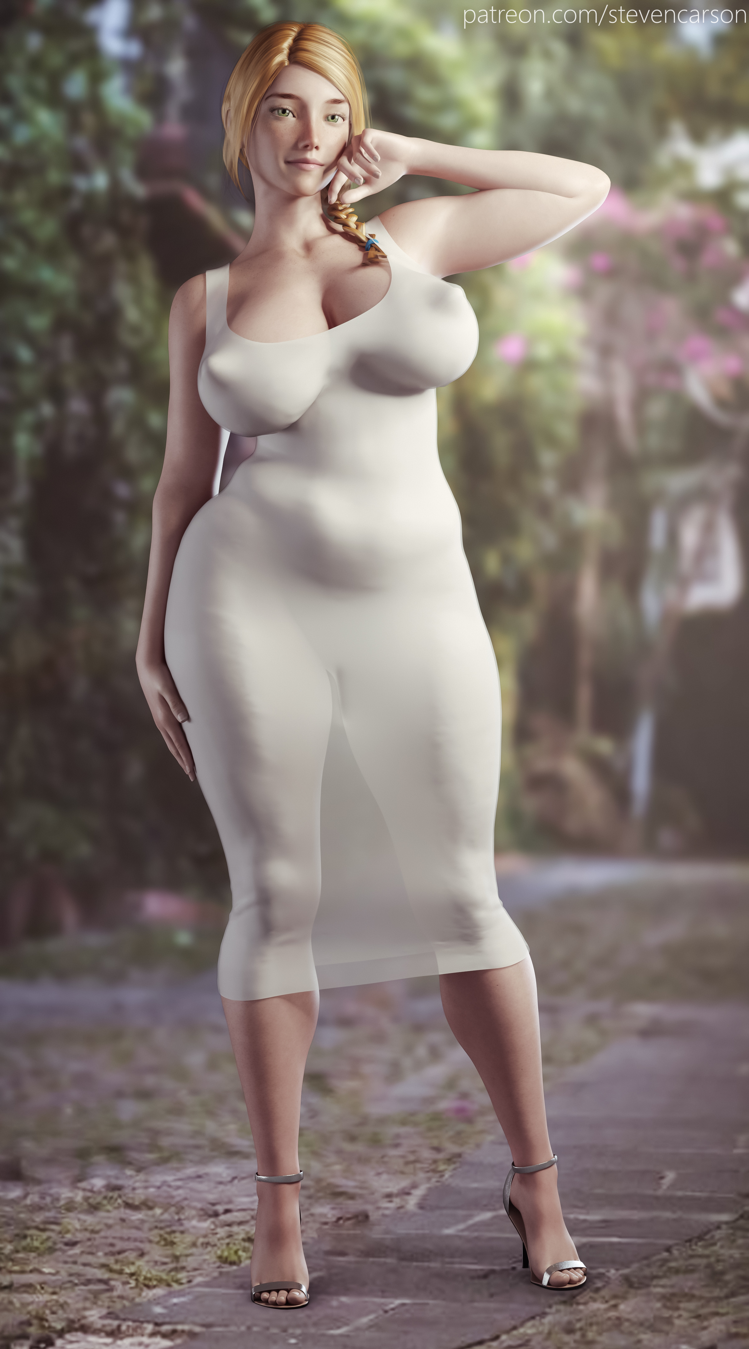 1girls, 3d, aurora (zero one), bare legs, blonde hair, breasts, chubby, cleavage, clothed, dress, feet, female, female only, large breasts, nipples, open toe shoes, patreon, see-through, solo, spread legs, standing, stevencarson, thick thighs, thighs, toes, wide hips