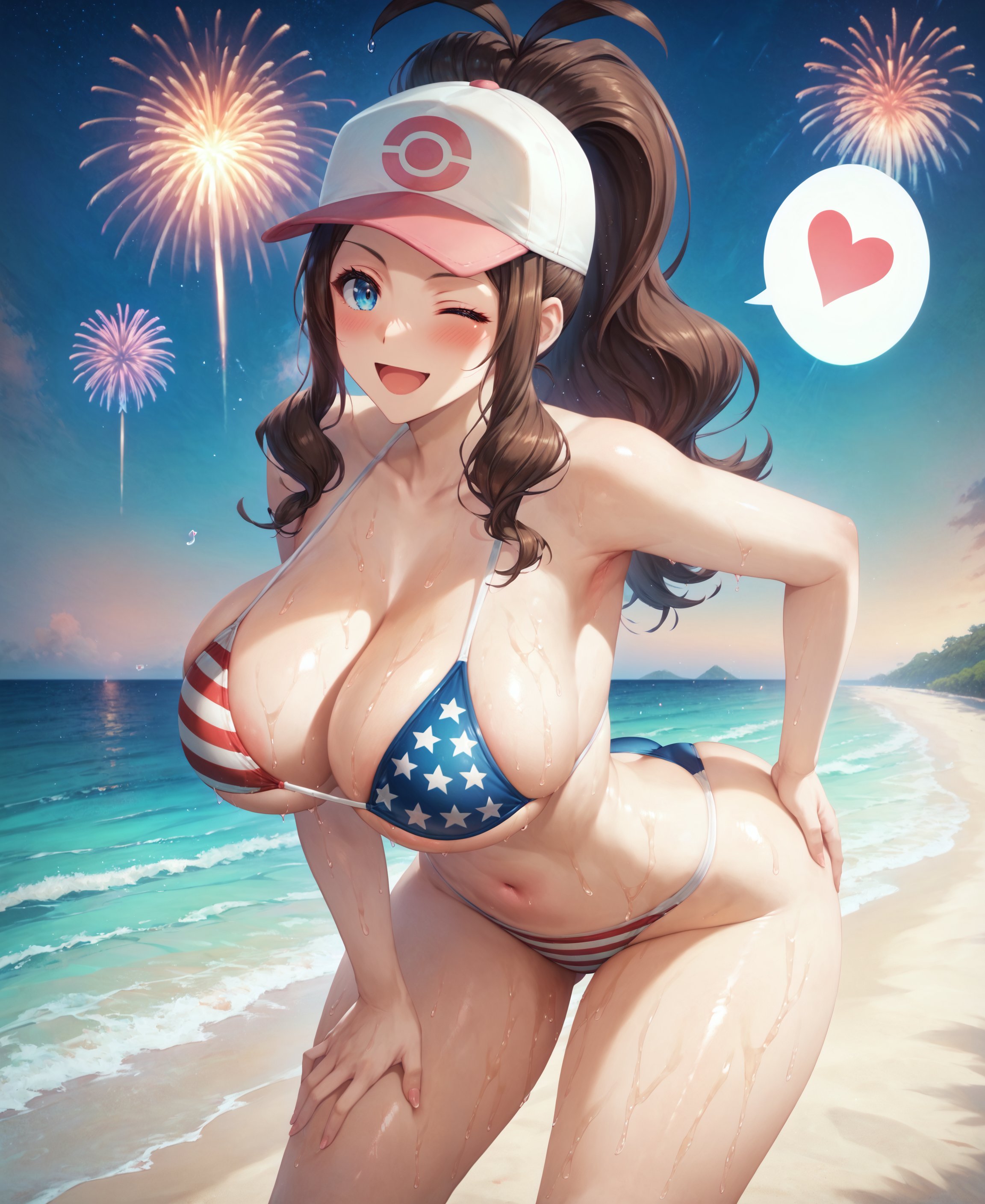 ;d, 1girls, ai generated, aimoonshine, american flag bikini, ass, baseball cap, beach, bikini, blue eyes, blush, breasts, brown hair, cleavage, collarbone, female, female only, fireworks, flag print, hand on own thigh, hat, heart, high ponytail, hilda (pokemon), large breasts, leaning forward, long hair, looking at viewer, navel, night, nintendo, ocean, one eye closed, open mouth, outdoors, pokemon, pokemon bw, pokemon trainer, ponytail, sidelocks, sky, smile, solo, spoken heart, string bikini, swimsuit, thighs, water, wet