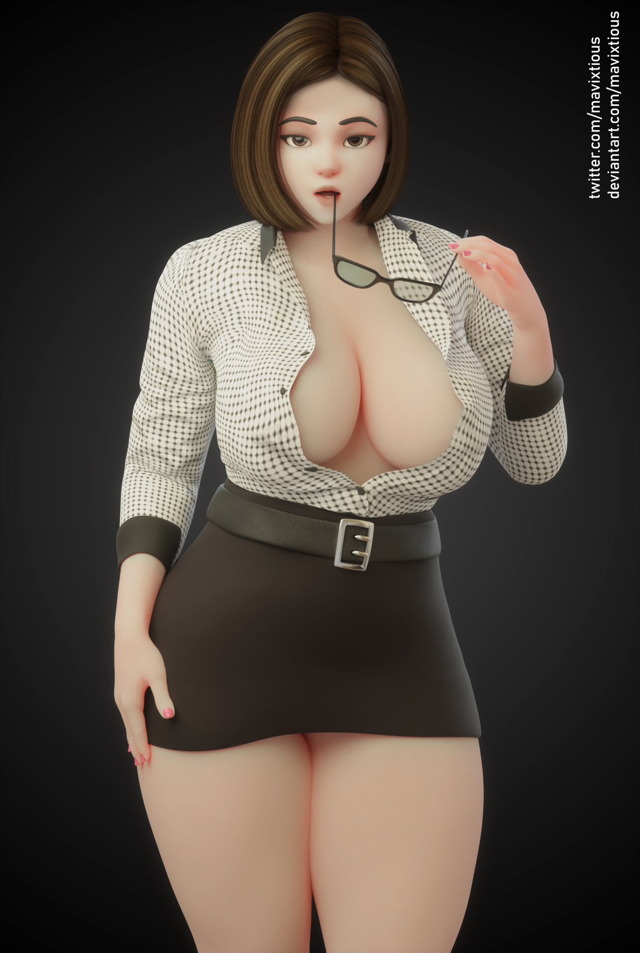 1girls, 3d, asian, asian female, big breasts, black skirt, blizzard entertainment, breasts, brown hair, cleavage, curvy, female, female only, glasses, glasses removed, hourglass figure, large breasts, looking at viewer, mavixtious, mei (overwatch), mei ling zhou, miniskirt, office lady, overwatch, pencil skirt, shirt, short skirt, skirt, solo, solo female, standing, thick thighs, tight skirt, unbuttoned shirt, wide hips
