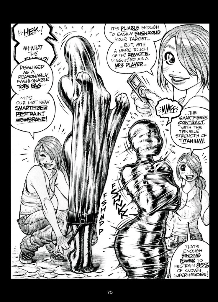 adam_warren advertisement asphyxiation black_and_white bondage bondage_device caught_off_guard dialogue elissa_megan_powers empowered empowered_(series) mummification mummified no_color superheroine