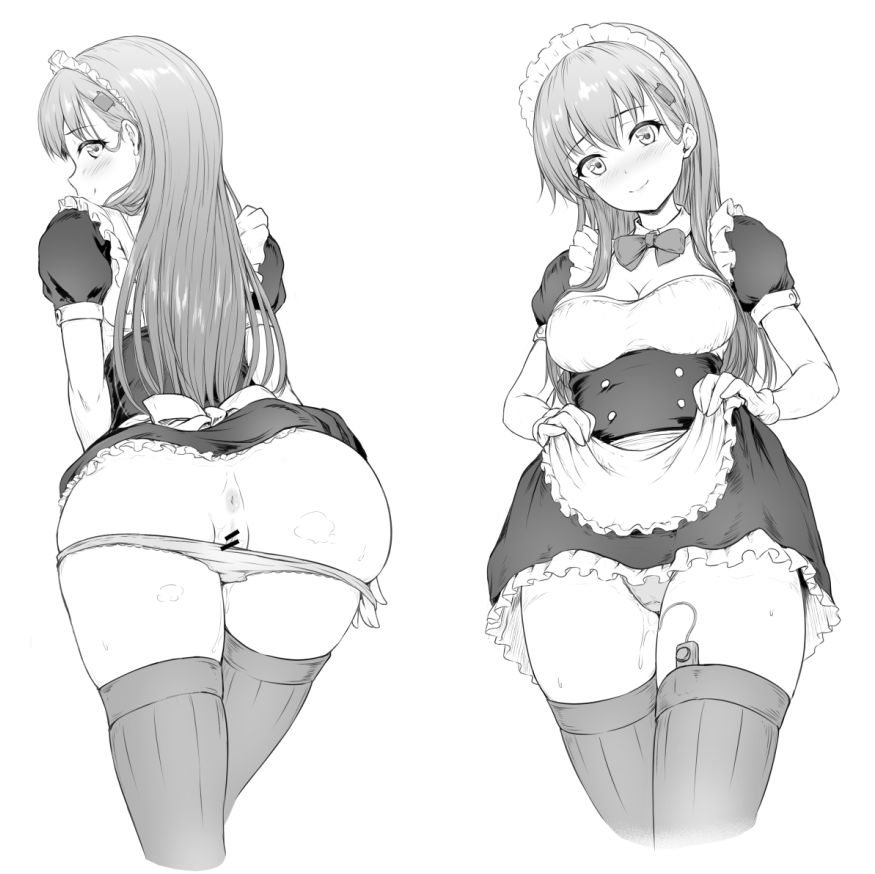 alternate_costume anus ass bar_censor blush censored commentary enmaided female gloves greyscale kantai_collection lifted_by_self long_hair looking_at_viewer maid maid_headdress monochrome oonaka_ito panties panty_pull pussy_juice skirt skirt_lift suzuya_(kantai_collection) thighhighs thighs underwear vibrator vibrator_under_clothes vibrator_under_panties white_background