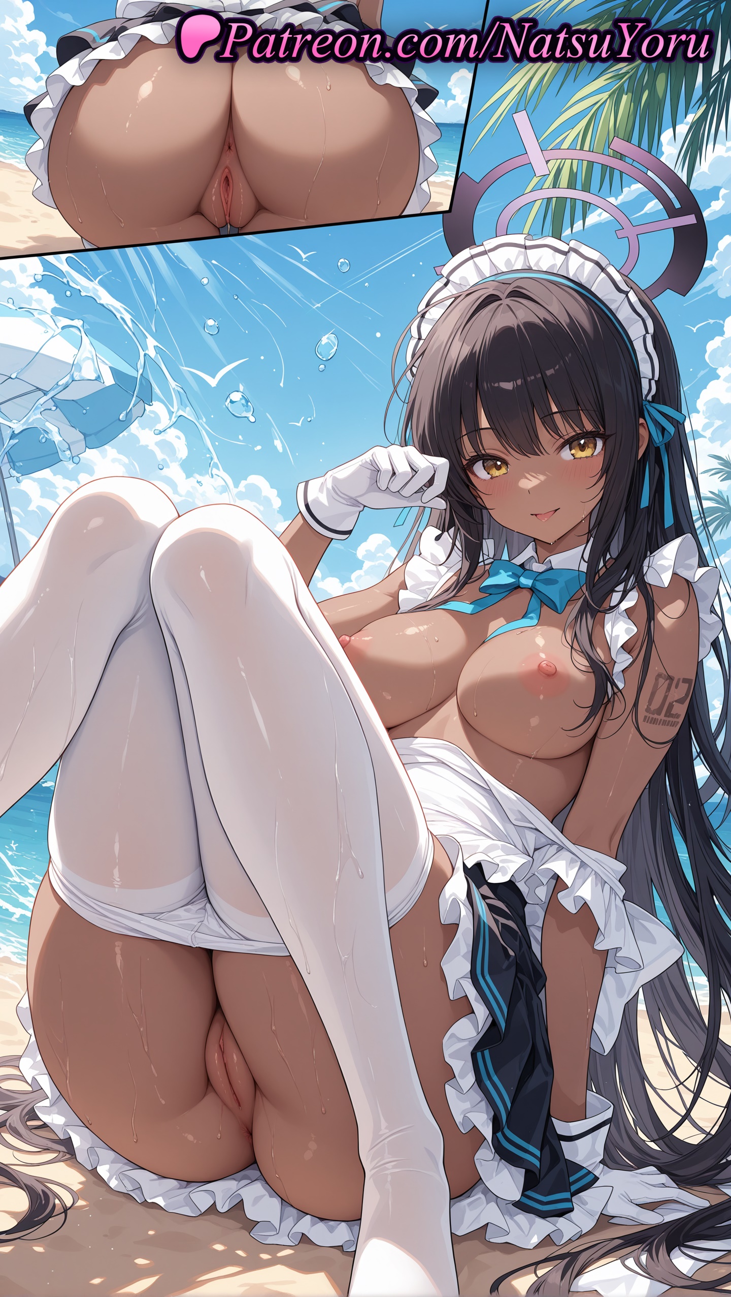 1girls, 2025, ai generated, anus, apron, ass, bangs, black hair, blue archive, blush, bow, bowtie, breasts, clothes pull, clothing, dark skin, dark-skinned female, female, frilled apron, frilled skirt, gloves, halo, hi res, highres, karin (blue archive), large breasts, long hair, looking at viewer, maid, maid headdress, natsuyoru, nipples, outdoors, pantyhose, pantyhose pull, patreon, pussy, sitting, smile, vagina, voluptuous, voluptuous female, wet, white gloves, white pantyhose, yellow eyes