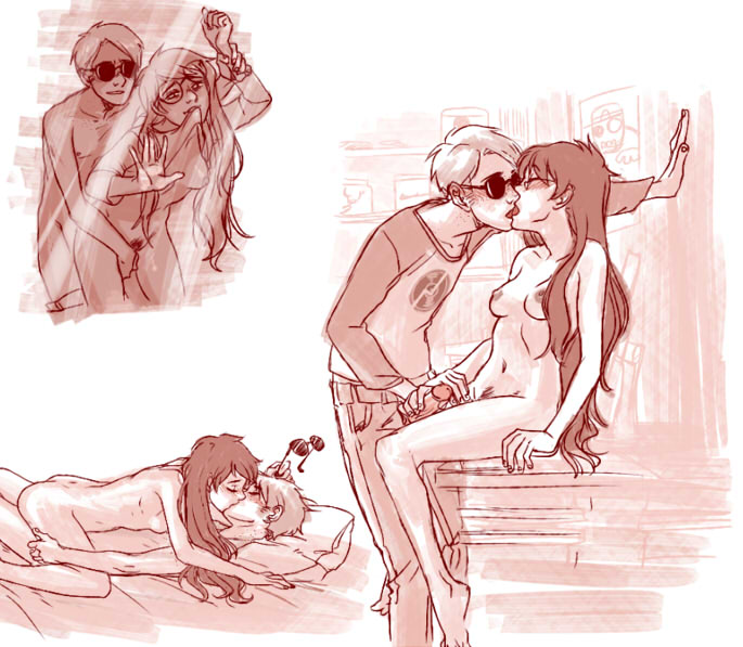apteraclytia, biting shirt, black hair, blonde hair, blonde-haired male, blush, breasts, cowgirl position, dave strider, female, freckles, glasses, glasses askew, glasses removed, grabbing from behind, grabbing wrist, hand on thigh, homestuck, jade harley, jerking each other off, kissing, long hair, male, multiple poses, mutual masturbation, nipples, nude female, nude female clothed male, nude male, pubic hair, shirt lift, source request, spacey, sunglasses