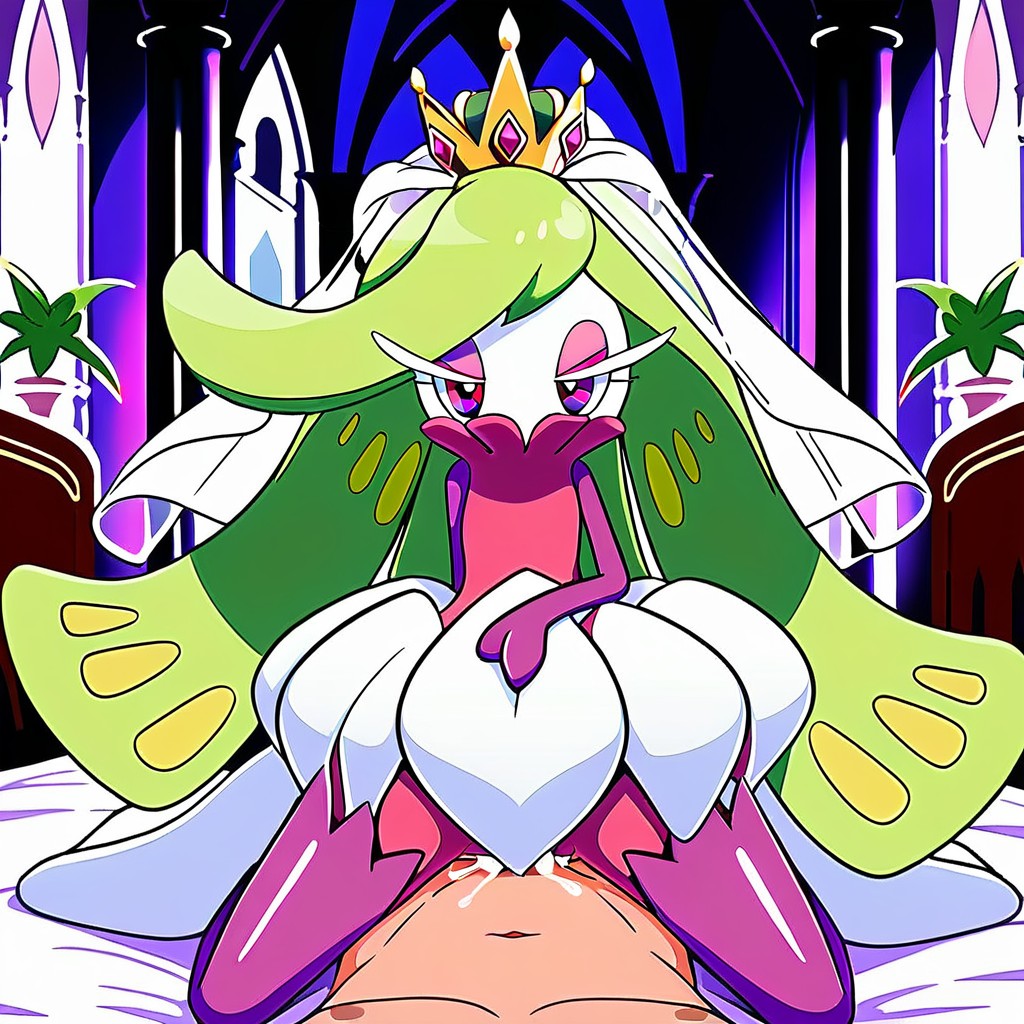 ai_generated cowgirl_position crown cum_in_pussy pokemon pokemon_(species) tsareena vaginal_penetration wedding_dress