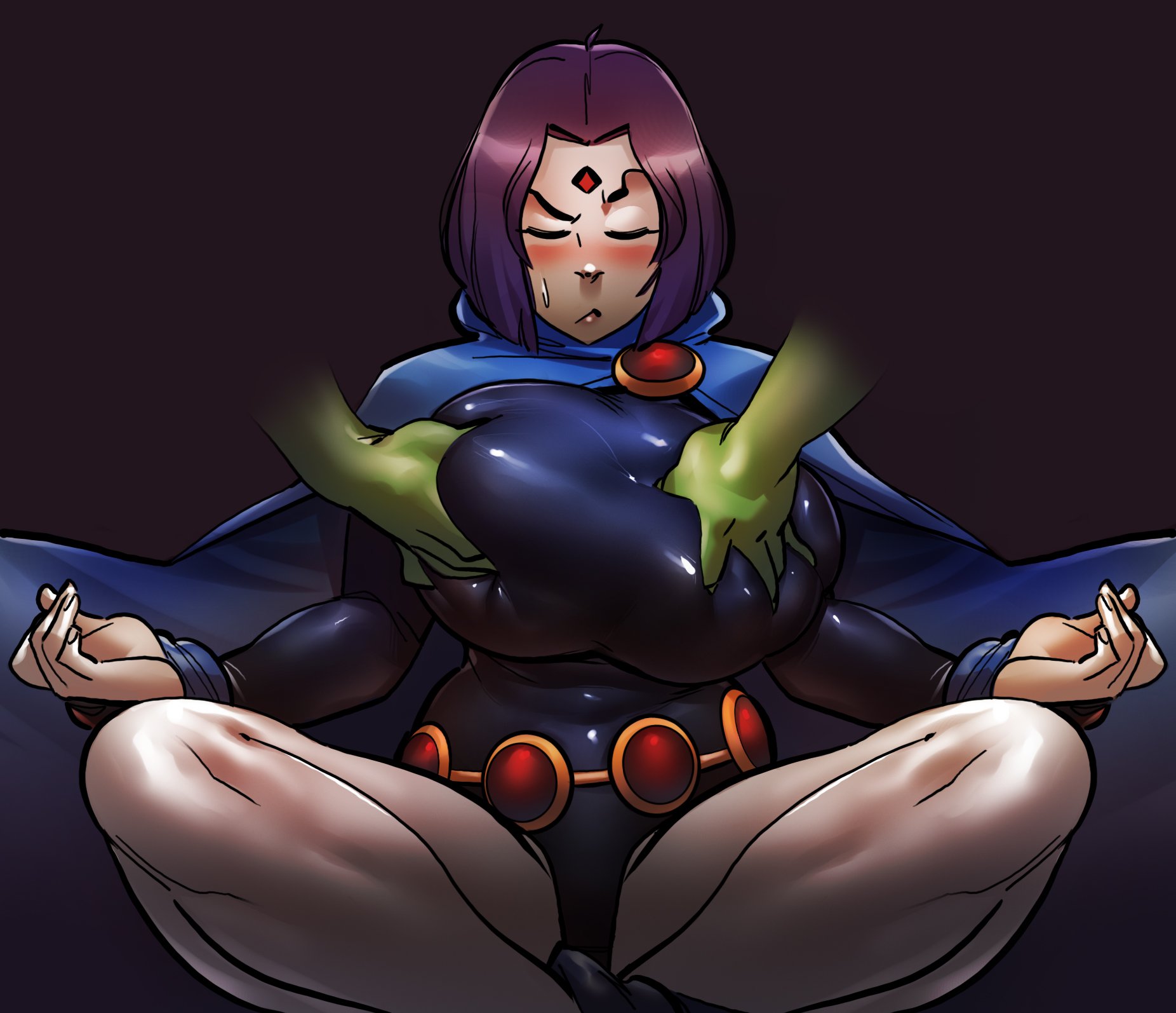 1boy, 1girls, annoyed, beast boy, belt, big breasts, black background, blush, breast grab, breasts, cloak, clothed, clothing, dc, dc comics, disembodied hand, female, forehead jewel, grabbing, green skin, huge breasts, human, large breasts, leotard, light skin, light-skinned female, male, outerwear, pale skin, pale-skinned female, ph, purple hair, rachel roth, raised eyebrow, raven (dc), simple background, solo focus, teen titans, thick thighs