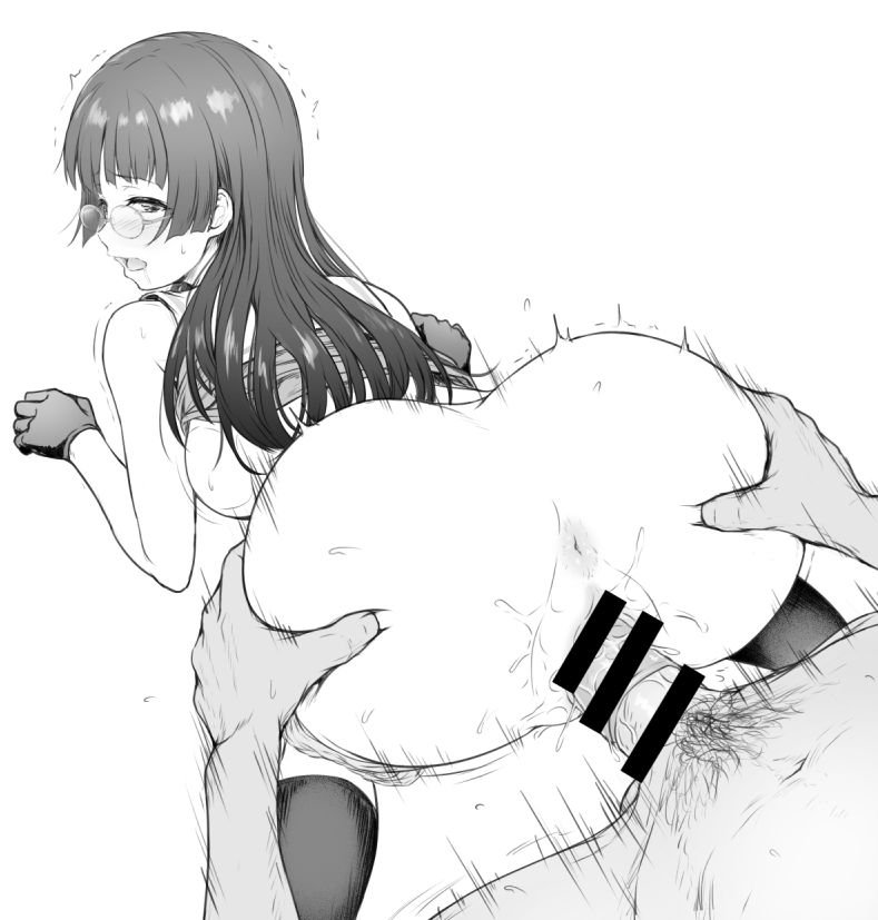 1boy all_fours anus ass ass_grab bangs bar_censor bare_shoulders blush breasts breath censored choukai_(kantai_collection) collarbone commentary_request condom doggy_style eyebrows_visible_through_hair female glasses gloves greyscale kantai_collection kneehighs large_breasts long_hair monochrome navel oonaka_ito open_clothes open_mouth panties panties_around_one_leg penis pubic_hair pussy pussy_juice rimless_eyewear saliva school_uniform serafuku sex shirt_lift spread_legs steam straight sweat testicles thighs tongue tongue_out top-down_bottom-up trembling underwear vaginal_penetration wet