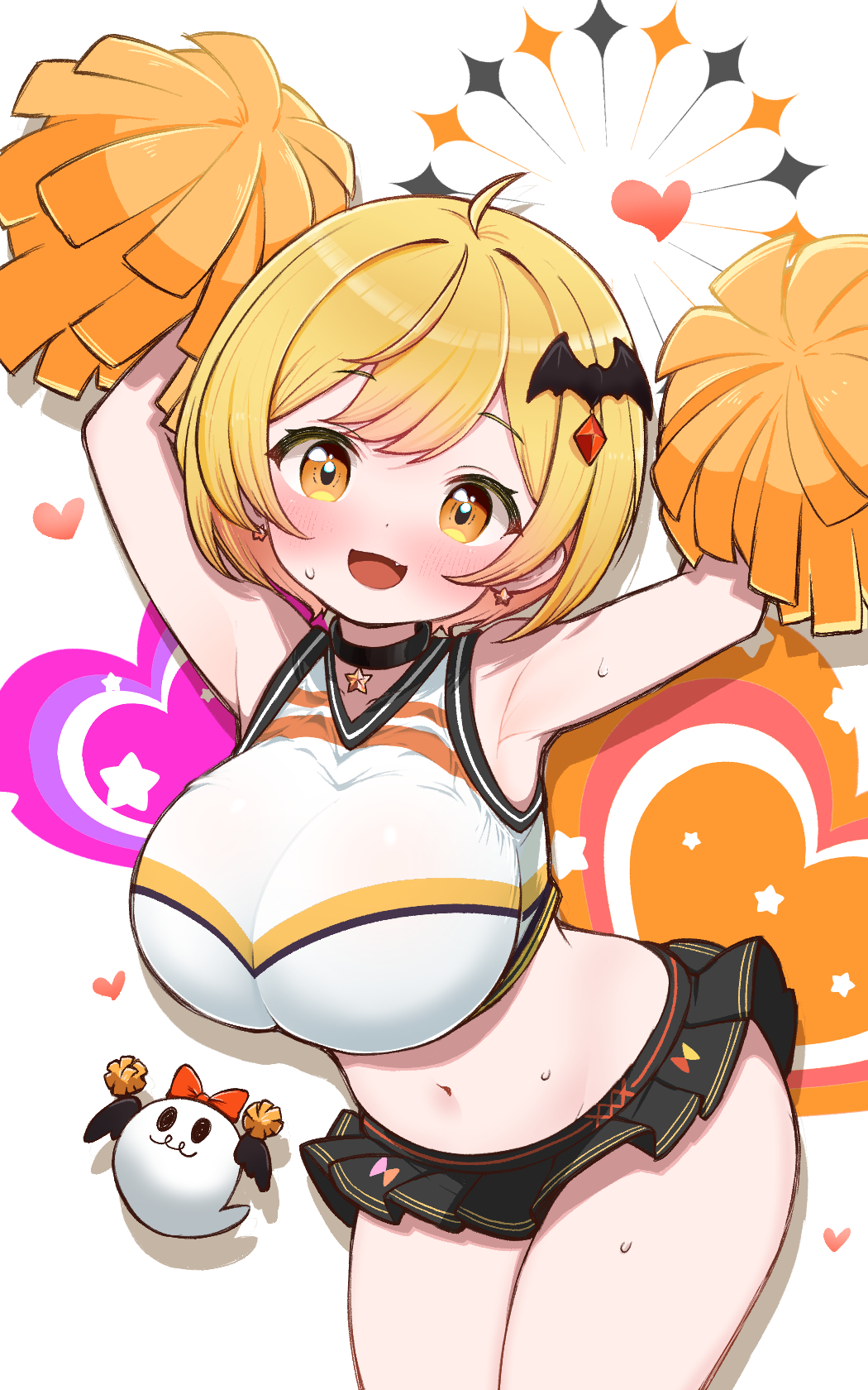 ahoge alternate_costume armpits arms_up bat_hair_ornament black_skirt blonde_hair blush breasts cheerleader choker commentary_request cowboy_shot cute_fang earrings female hair_ornament highres hololive jewelry kani_bonara large_breasts looking_at_viewer microskirt navel obake-chan_(yozora_mel) oerba_yun_fang pleated_skirt pom_pom_(cheerleading) short_hair skirt solo star_(symbol) star_choker star_earrings stomach virtual_youtuber yellow_eyes yozora_mel