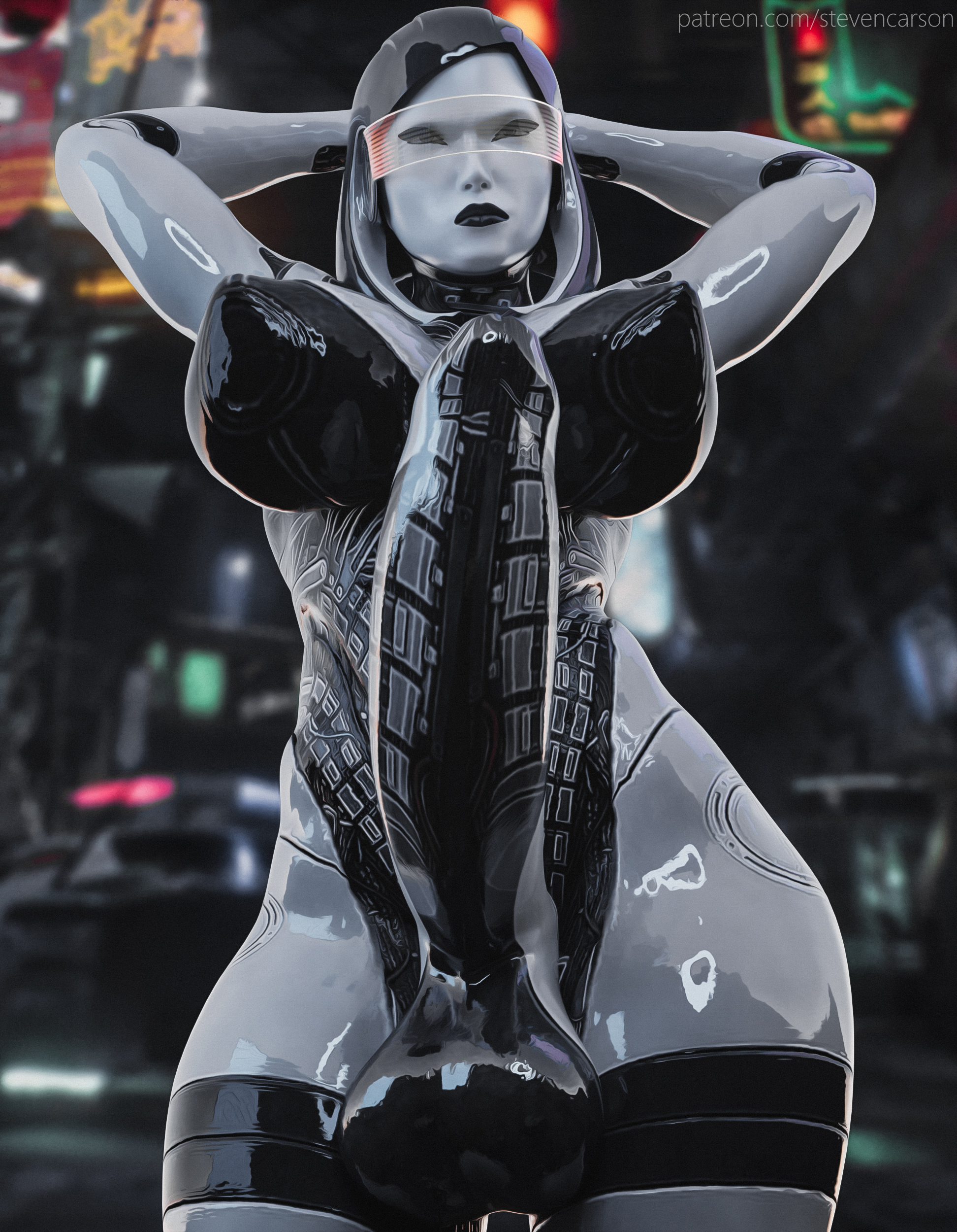 1futa, 3d, absurdres, android, areolae, balls, breasts, curvy, edi, erect nipples, erection, futa only, futanari, highres, huge breasts, huge cock, hyper, hyper balls, hyper penis, intersex, looking at viewer, mass effect, nipples, nude, penis, realistic, red-tinted eyewear, solo, solo futa, stevencarson, testicles, tinted eyewear, visor, wide hips