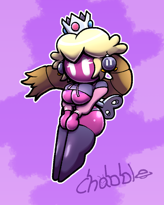 alternate_species anthro areolae areolae_peeking bob-omb bomb bomb_girl chabble crown fuse mario_(series) pink_body post_transformation princess_peach super_mario_bros.