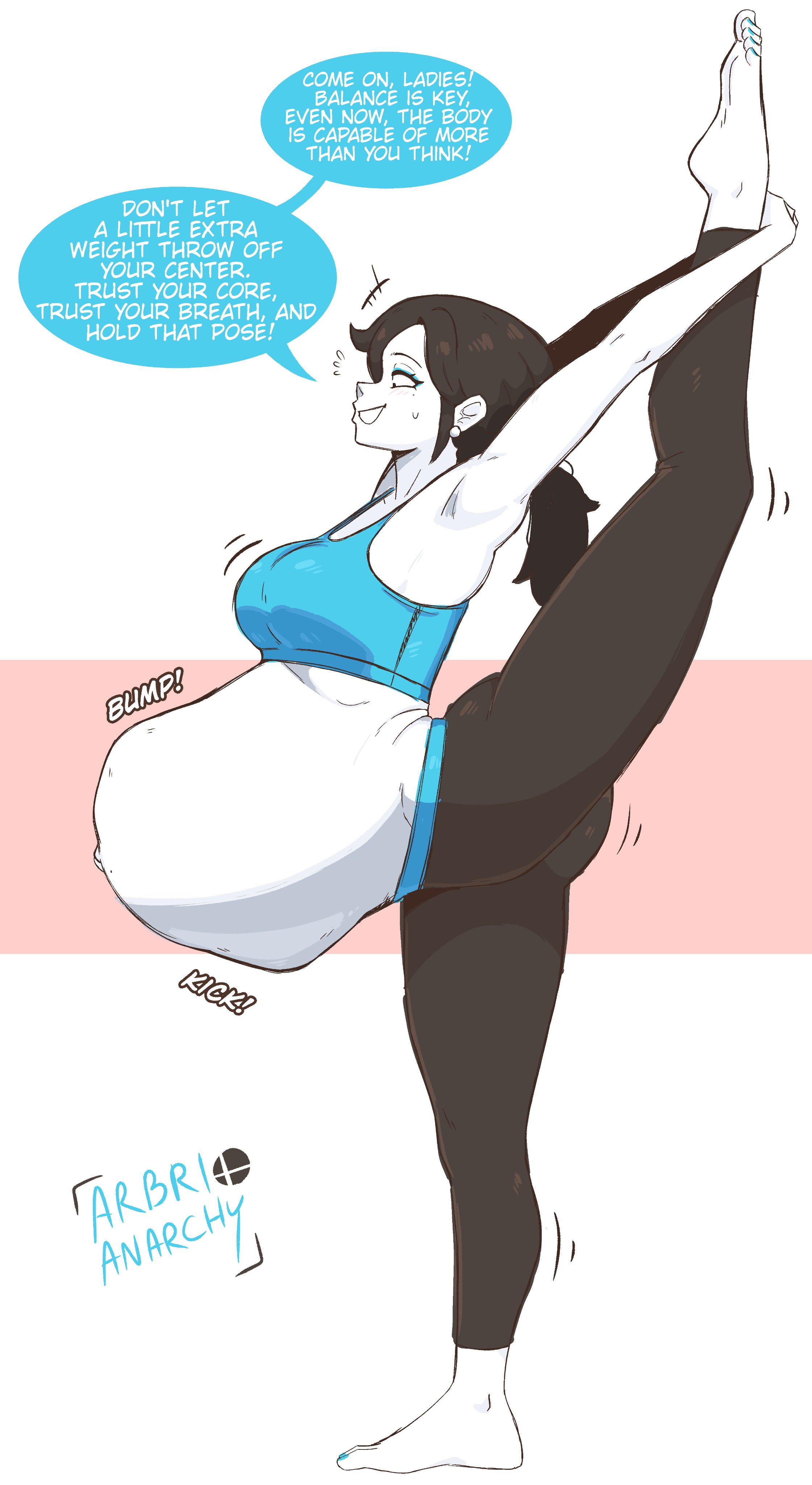 1girls, arbrianarchy, atletic, black hair, bump, crop top, english dialogue, english text, feet up, female, female only, fetal movement, humanoid, kicking (pregnancy), leggings, nails painted, pregnant, pregnant belly, pregnant female, solo, super belly, text, white skin, wii fit, wii fit trainer, wii fit trainer (female)