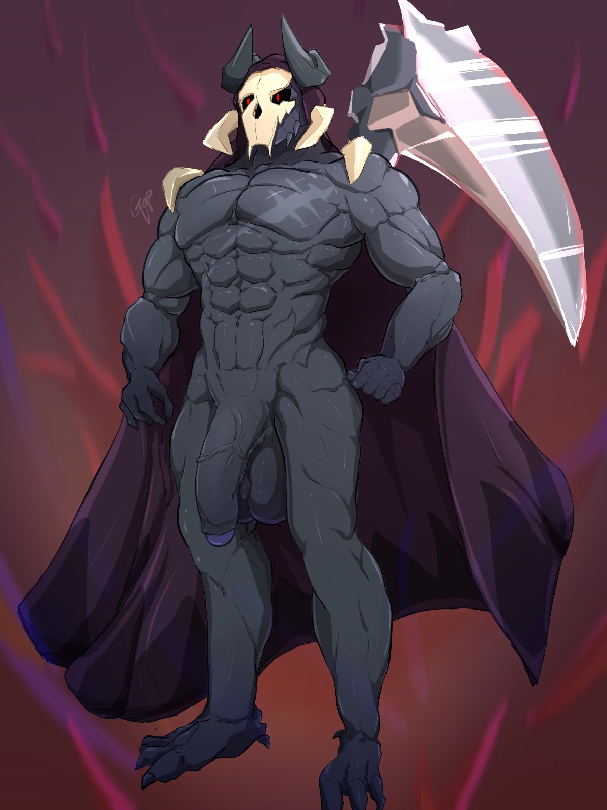 abs balls cape clothing digital_drawing_(artwork) digital_media_(artwork) foreskin genitals glans hi_res horn klaz1247 male melee_weapon muscular muscular_male penis polearm red_eyes scythe solo standing unknown_species weapon