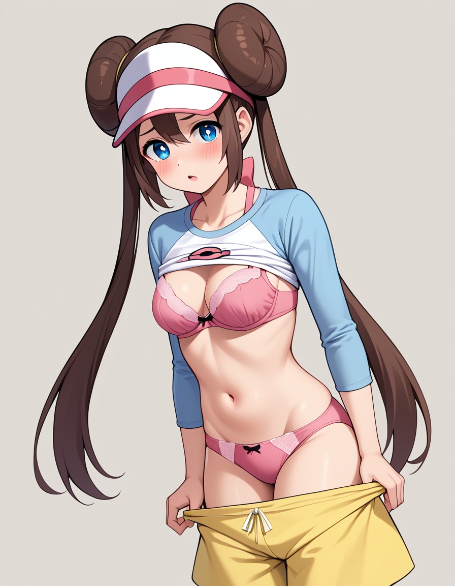 ai_generated blush bra brown_hair game_freak hairbun kslgsnb long_sleeves looking_at_viewer panties pants_down pink_bra pink_panties pink_underwear pokemon pokemon_bw pokemon_bw2 raglan_sleeves rosa_(pokemon) shirt_lift shorts solo underwear undressing visor_cap yodayo