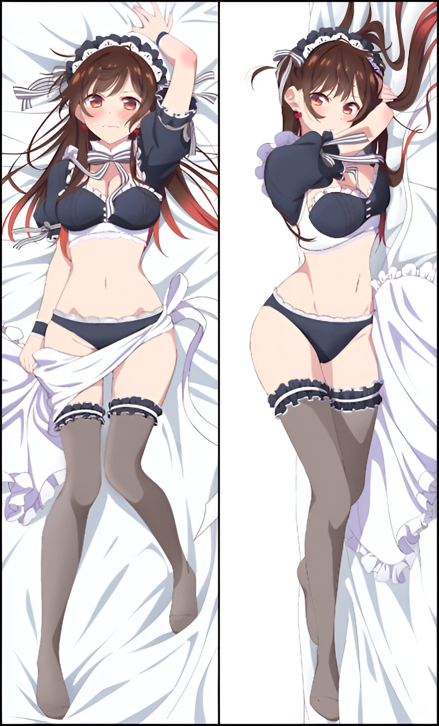 arm_up ass_visible_through_thighs bare_belly bed_sheet belly_button big_breasts black_thighhighs blush body_blush breasts brown_eyes brown_hair cleavage dakimakura dakimakura_design earrings embarrassed feet kanojo_okarishimasu long_hair lying maid_apron maid_headdress mizuhara_chizuru mouth_closed official_art panties thighhighs thighs