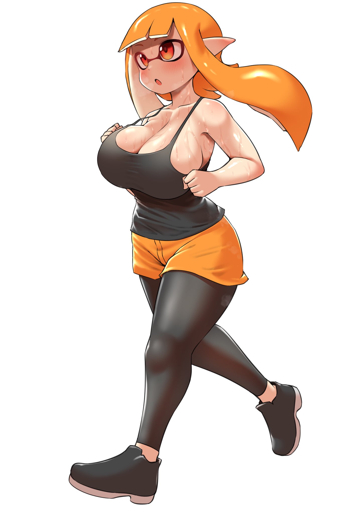 big breasts, breasts, female, inkling, inkling girl, jogging, kaori (splatoon), nintendo, nobunagapero, orange hair, red head, splatoon, splatoon 3, sweat