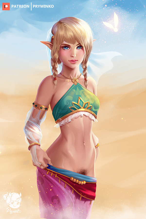 1girls arabian_clothes breath_of_the_wild cute_face cute_male desert fairy female gerudo_outfit gerudo_sirwal gerudo_top gerudo_veil harem_outfit hylian hyrule_warriors hyrule_warriors_definitive_edition hyrule_warriors_legends linkle pants_pull pointy_ears prywinko pubic_hair sand the_legend_of_zelda