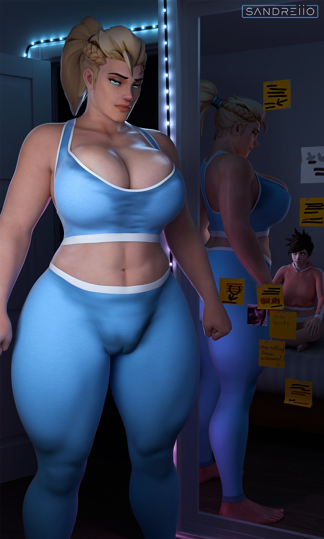 2females 3d big_pussy huge_pussy muscle_girl muscles overwatch overwatch_2 plump_labia plump_pussy puffy_pussy sandreiio tracer zarya