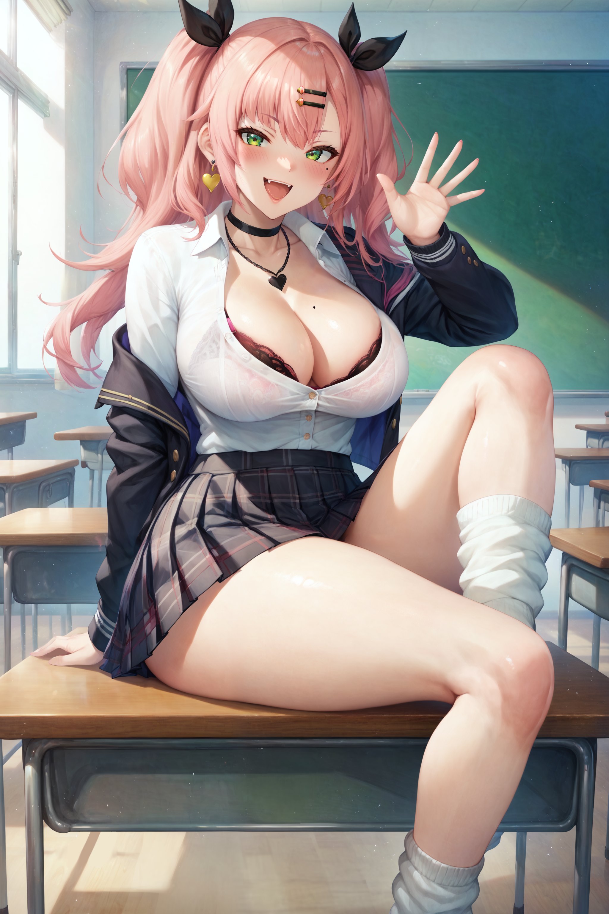 :d, 1girls, ai generated, aimoonshine, bangs, black bra, black choker, black jacket, black ribbon, blush, bra, bra peek, bra visible through clothes, breasts, chair, chalkboard, choker, classroom, cleavage, collarbone, collared shirt, desk, earrings, female, female only, gal, green eyes, grey skirt, gyaru, hair ornament, hair ribbon, hairclip, heart, heart earrings, heart necklace, indoors, jacket, jewelry, kneehighs, large breasts, long hair, long sleeves, looking at viewer, loose socks, mihoyo, miniskirt, mole, mole on breast, necklace, nicole demara, oerba yun fang, off shoulder, on desk, open clothes, open jacket, open mouth, pink bra, pink hair, plaid, plaid skirt, pleated skirt, ribbon, school desk, school uniform, shirt, sitting, sitting on desk, skirt, smile, socks, solo, thighs, twintails, two side up, underwear, waving, white shirt, white socks, zenless zone zero