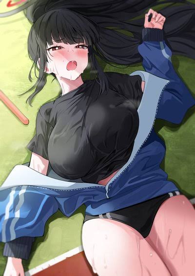 1girls, artist request, big breasts, black hair, black panties, blue archive, breasts, female, huge breasts, red eyes, rio (blue archive), sweaty body, thighs, white skin