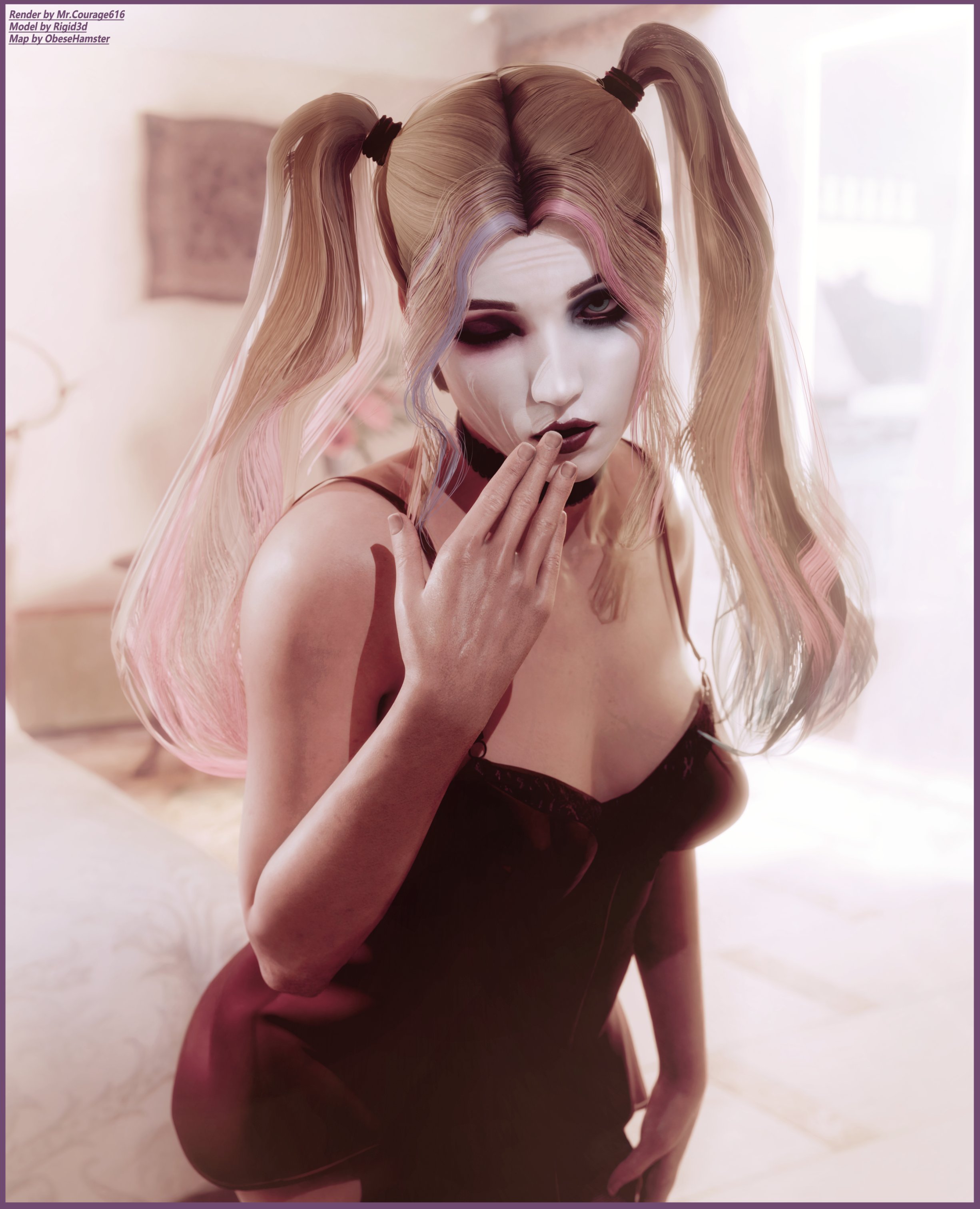 3d, batman (series), blonde hair, dc, dc comics, female, female focus, female only, harley quinn, long hair, mrcourage616, solo, standing, tagme, twintails, wide hips